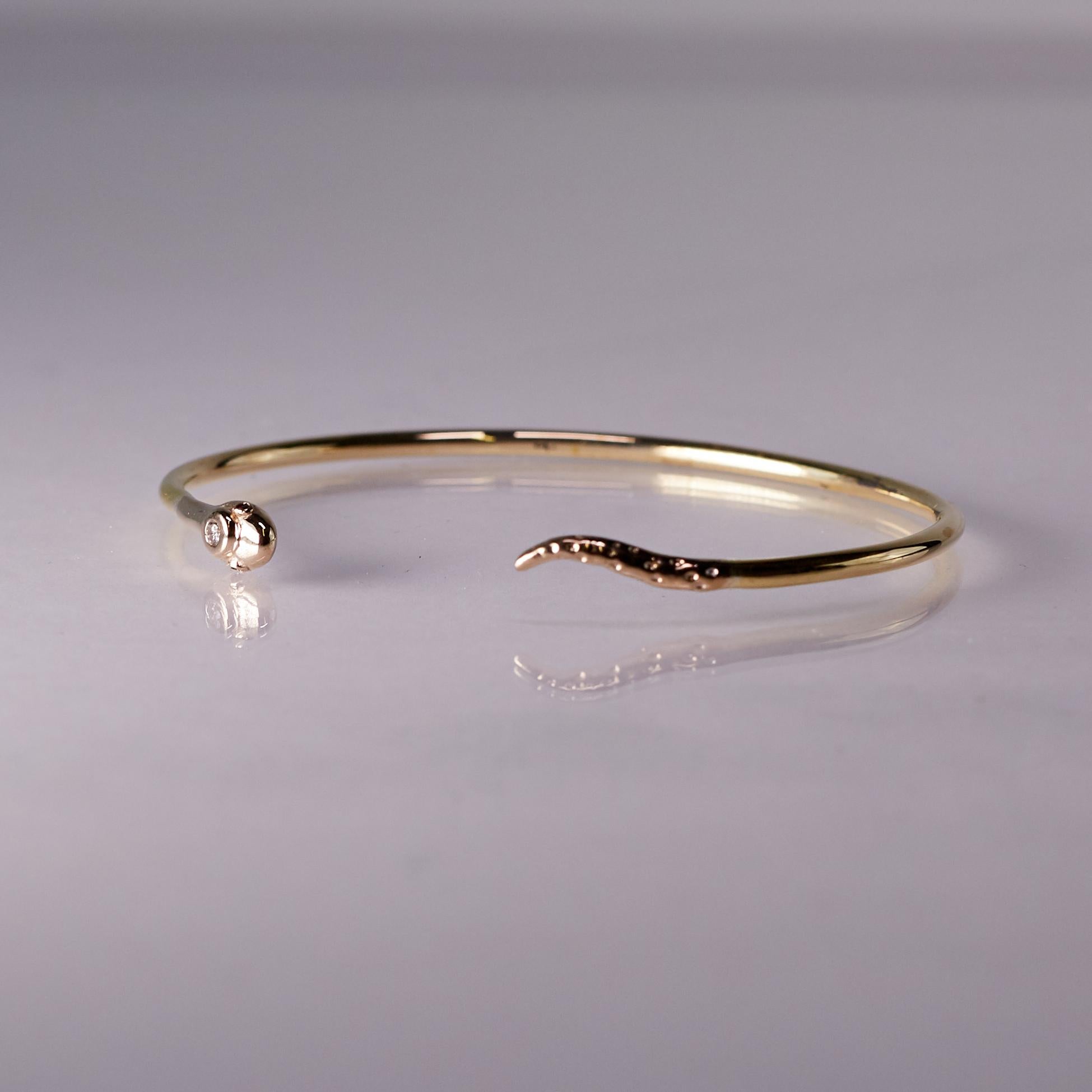 White Diamond Snake Bracelet Bangle 18 Karat Yellow Gold Ruby Eyes J Dauphin In New Condition For Sale In Los Angeles, CA