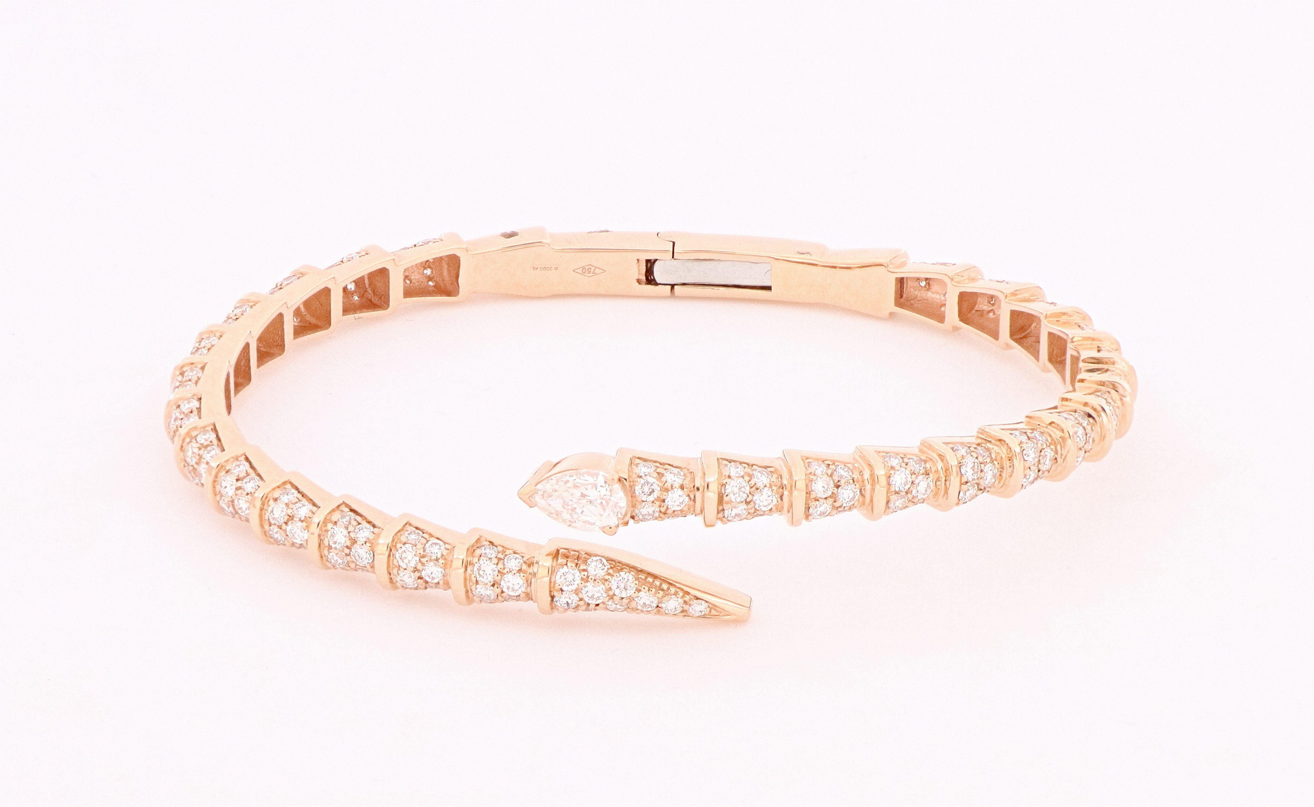 Women's White diamond snake contrariè bracelet in 18kt rose gold For Sale