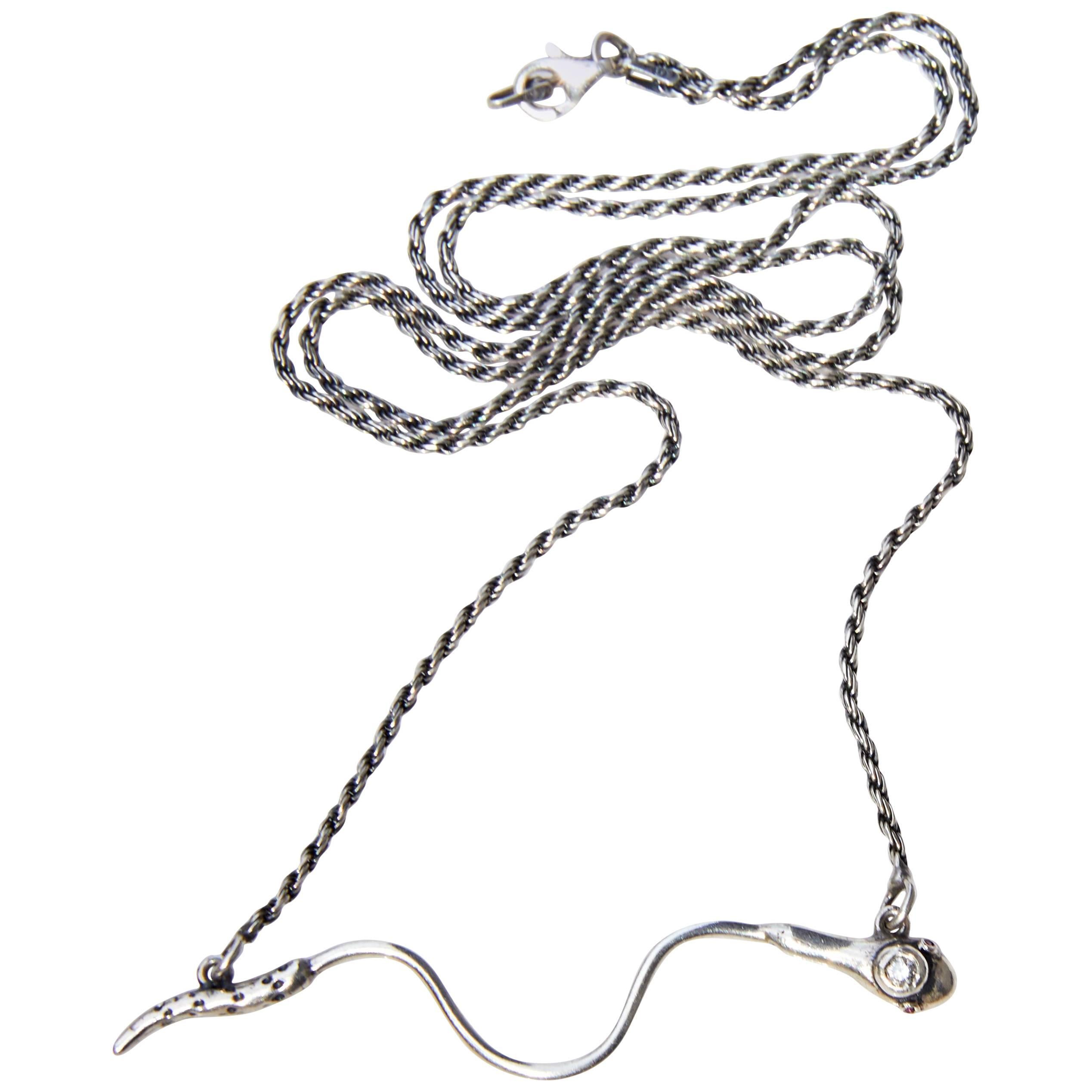 White Diamond Snake Necklace Sterling Silver Ruby Eyes Chain J Dauphin For Sale