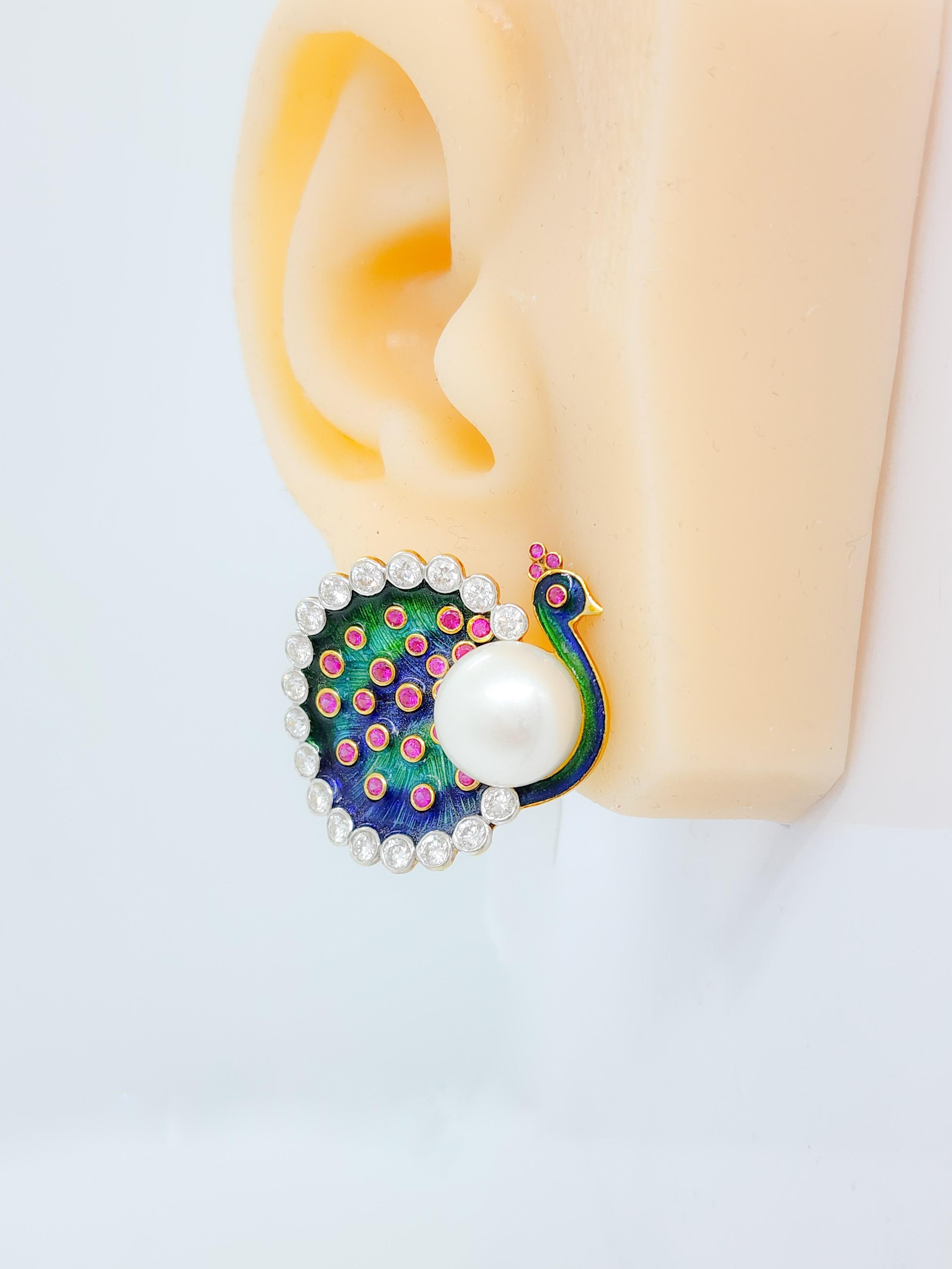 White Diamond, South Sea Pearl, and Enamel Peacock Earrings in 18k In New Condition For Sale In Los Angeles, CA
