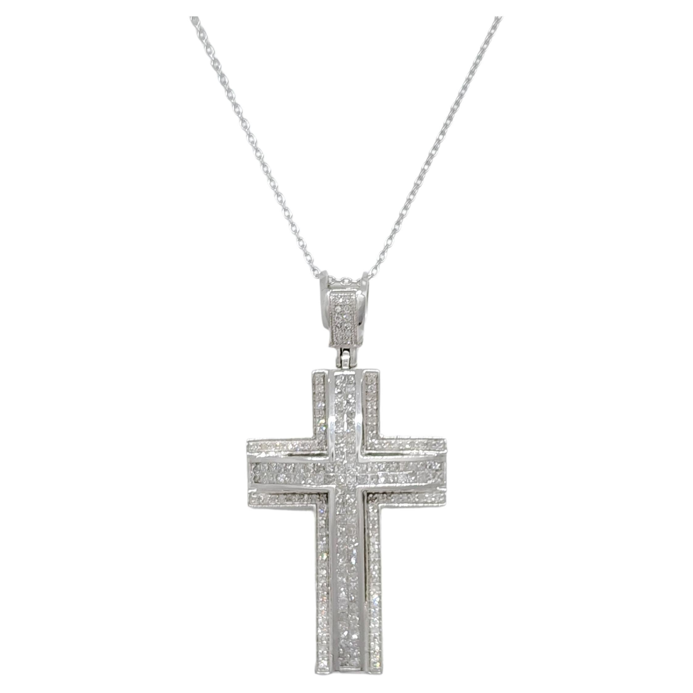 White Diamond Square and Round Cross Pendant Necklace in 14k White Gold