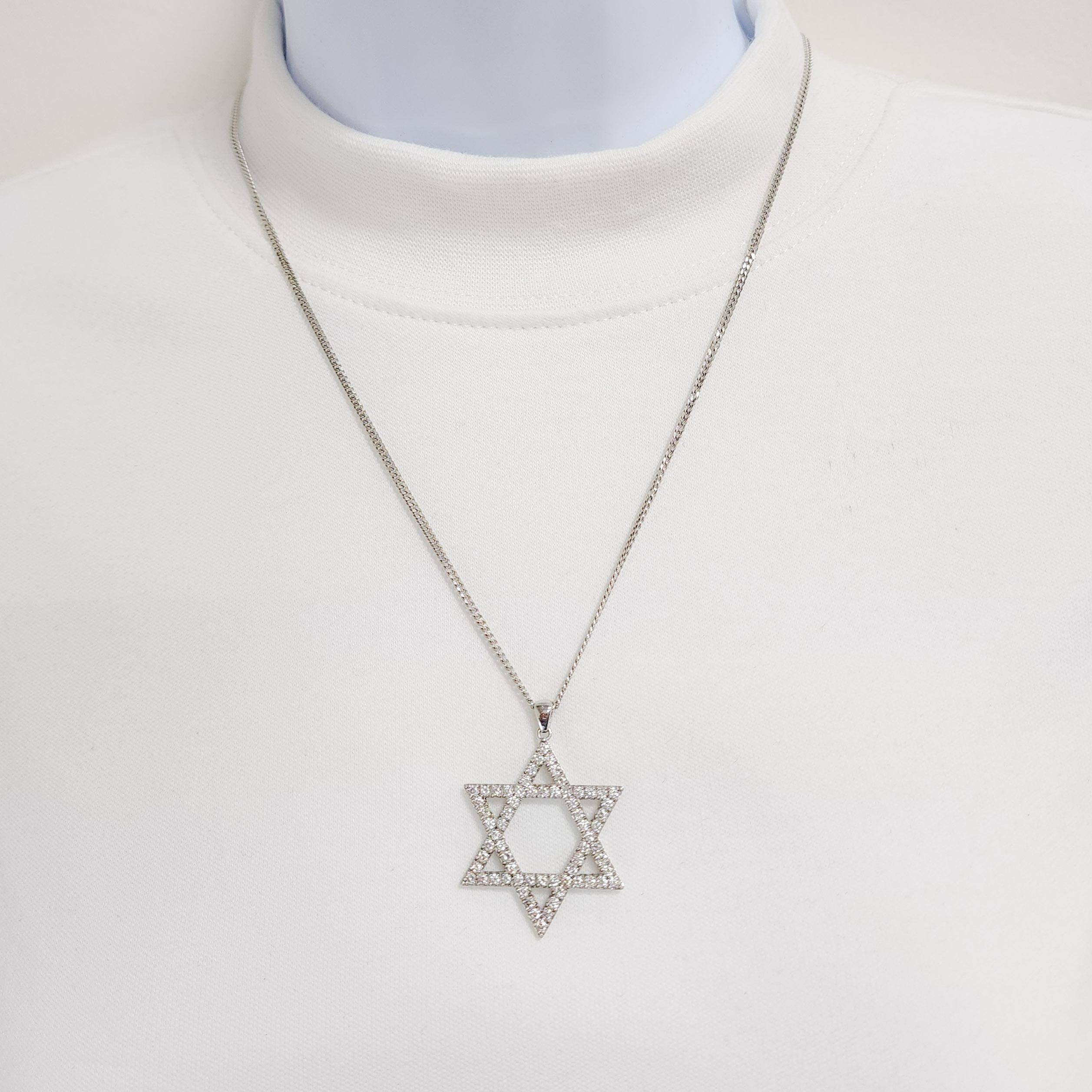Round Cut White Diamond Star of David Pendant Necklace in 14k White Gold For Sale