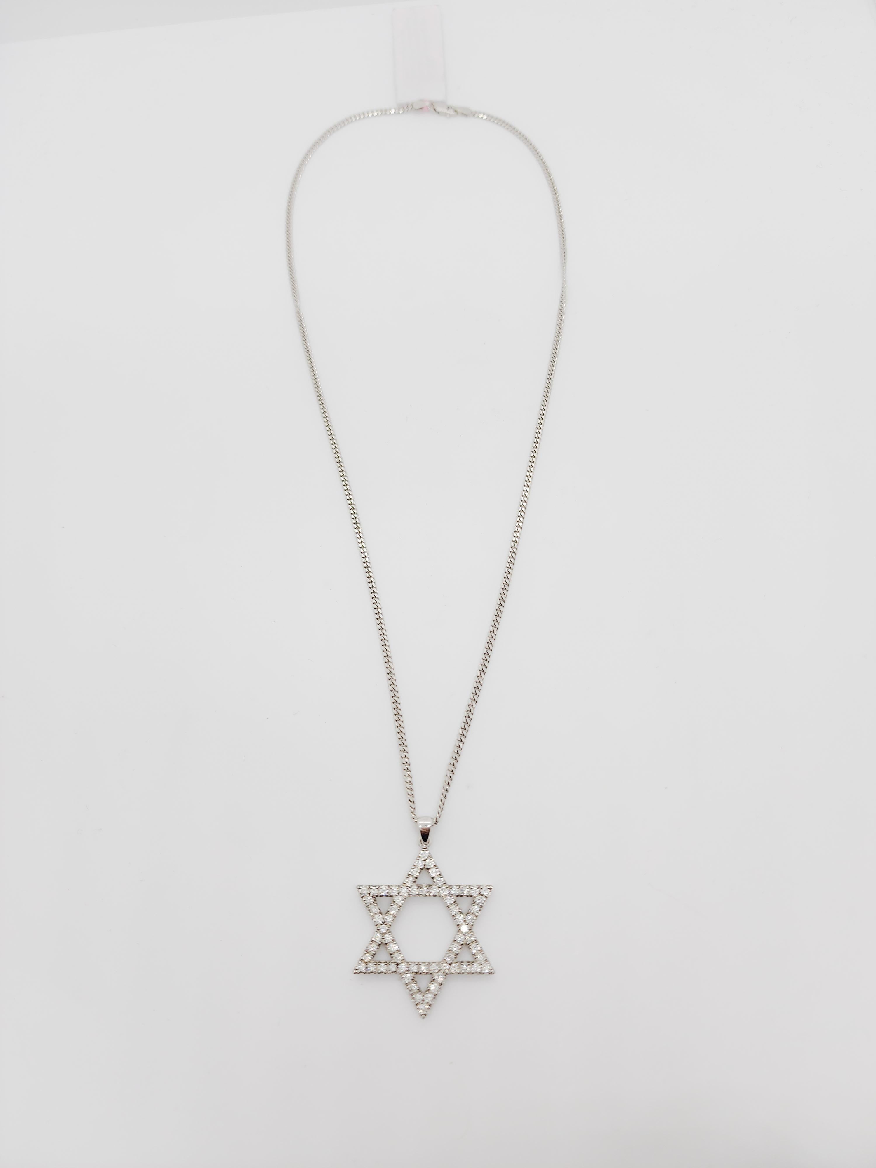 Women's or Men's White Diamond Star of David Pendant Necklace in 14k White Gold For Sale