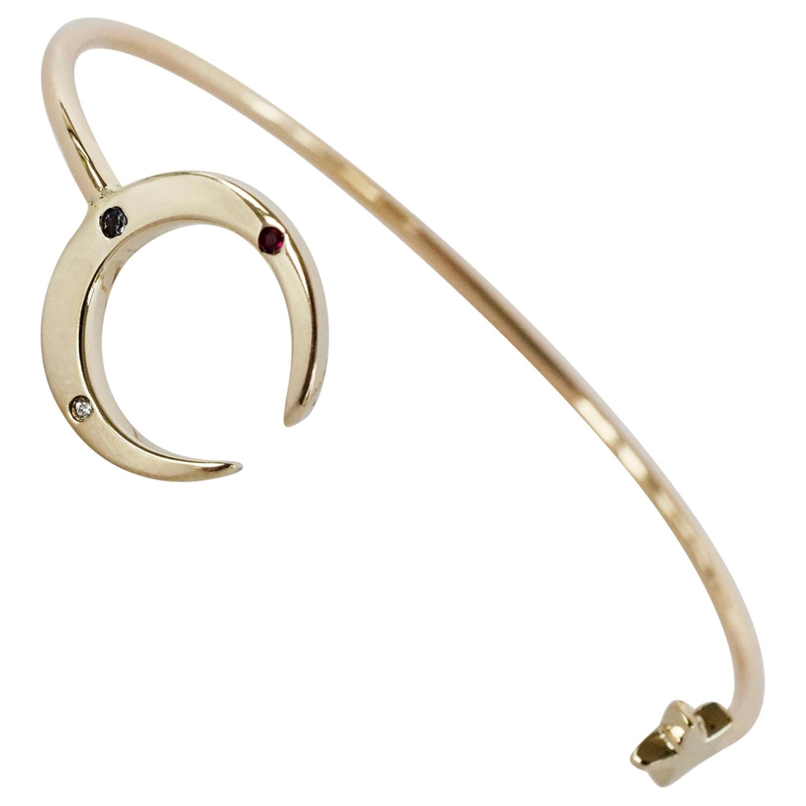 Bracelet jonc étoile de lune manchette J Dauphin en diamant blanc, rubis et tanzanite en vente