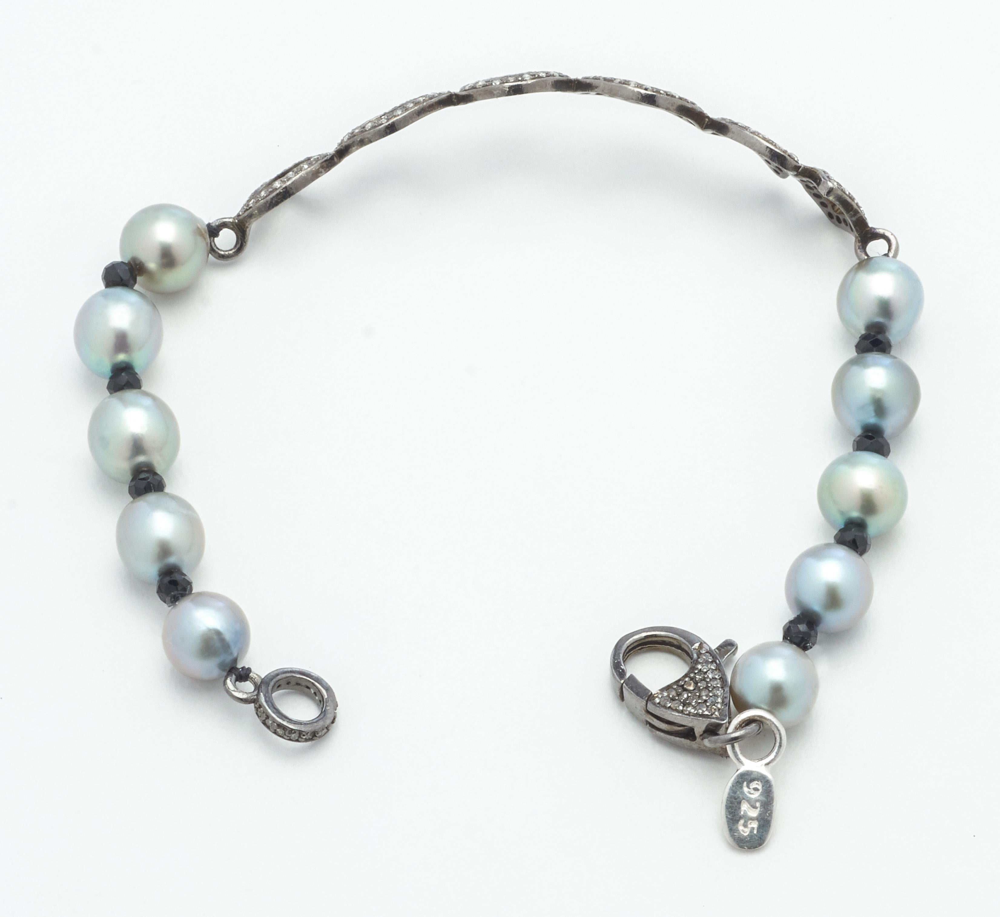 Artisan White Diamond Sterling Silver Whimsical Bar Bracelet with Akoya Pearls