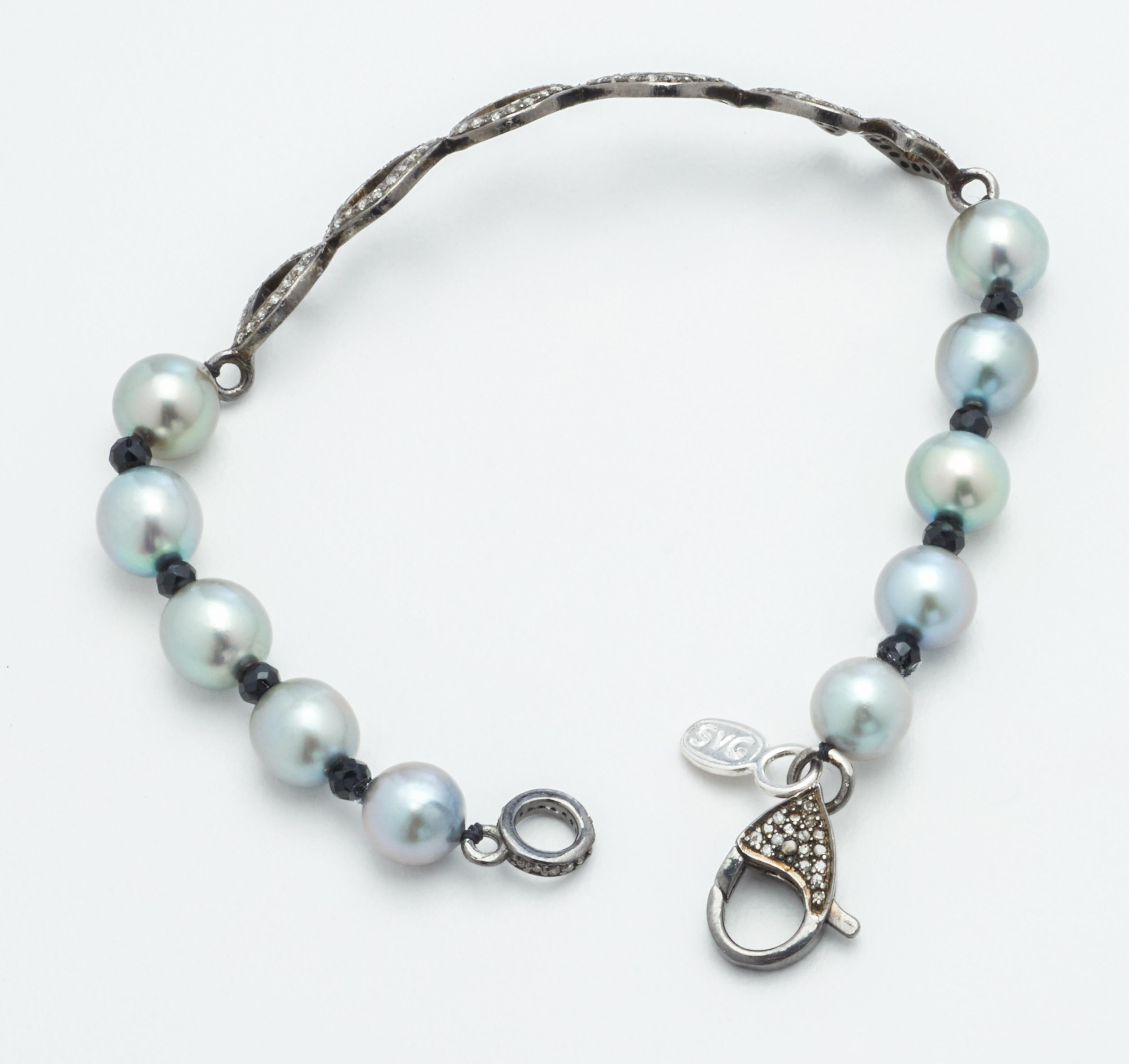 Women's White Diamond Sterling Silver Whimsical Bar Bracelet with Akoya Pearls