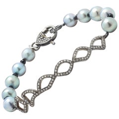 White Diamond Sterling Silver Whimsical Bar Bracelet with Akoya Pearls