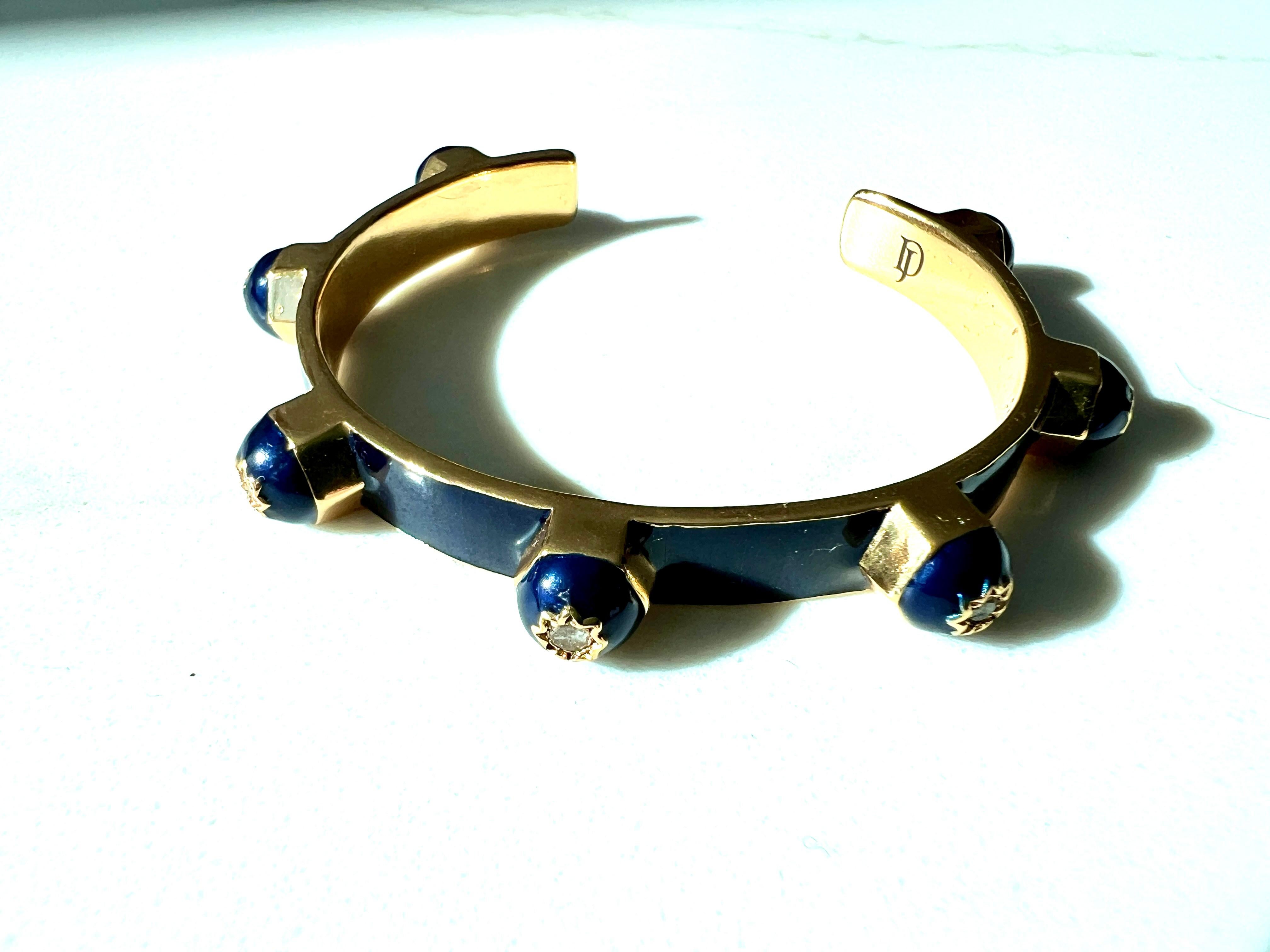 Royal Blue Enamel Cuff Bracelet with White Diamonds and Star Motif For Sale 4