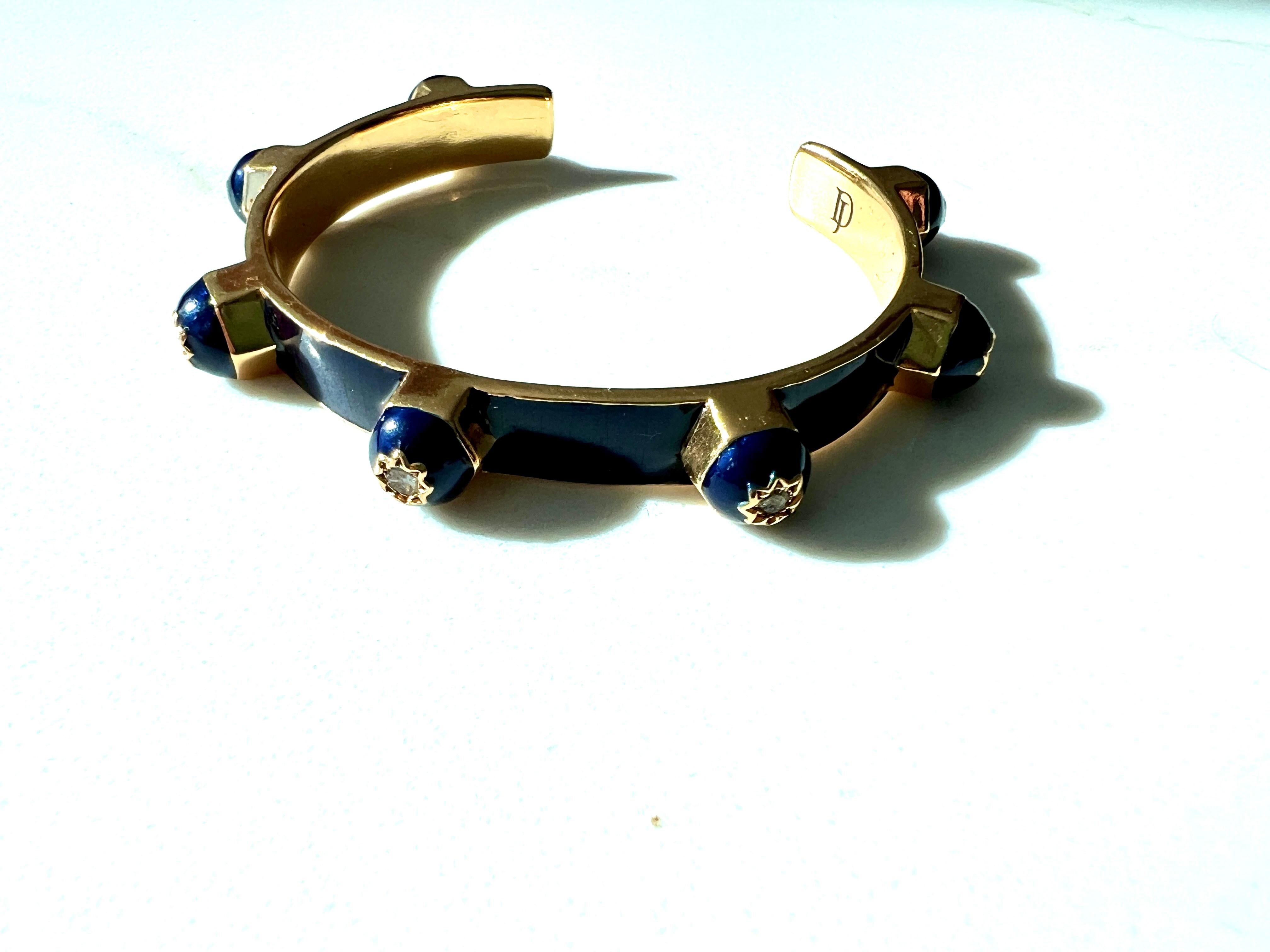 Royal Blue Enamel Cuff Bracelet with White Diamonds and Star Motif For Sale 5