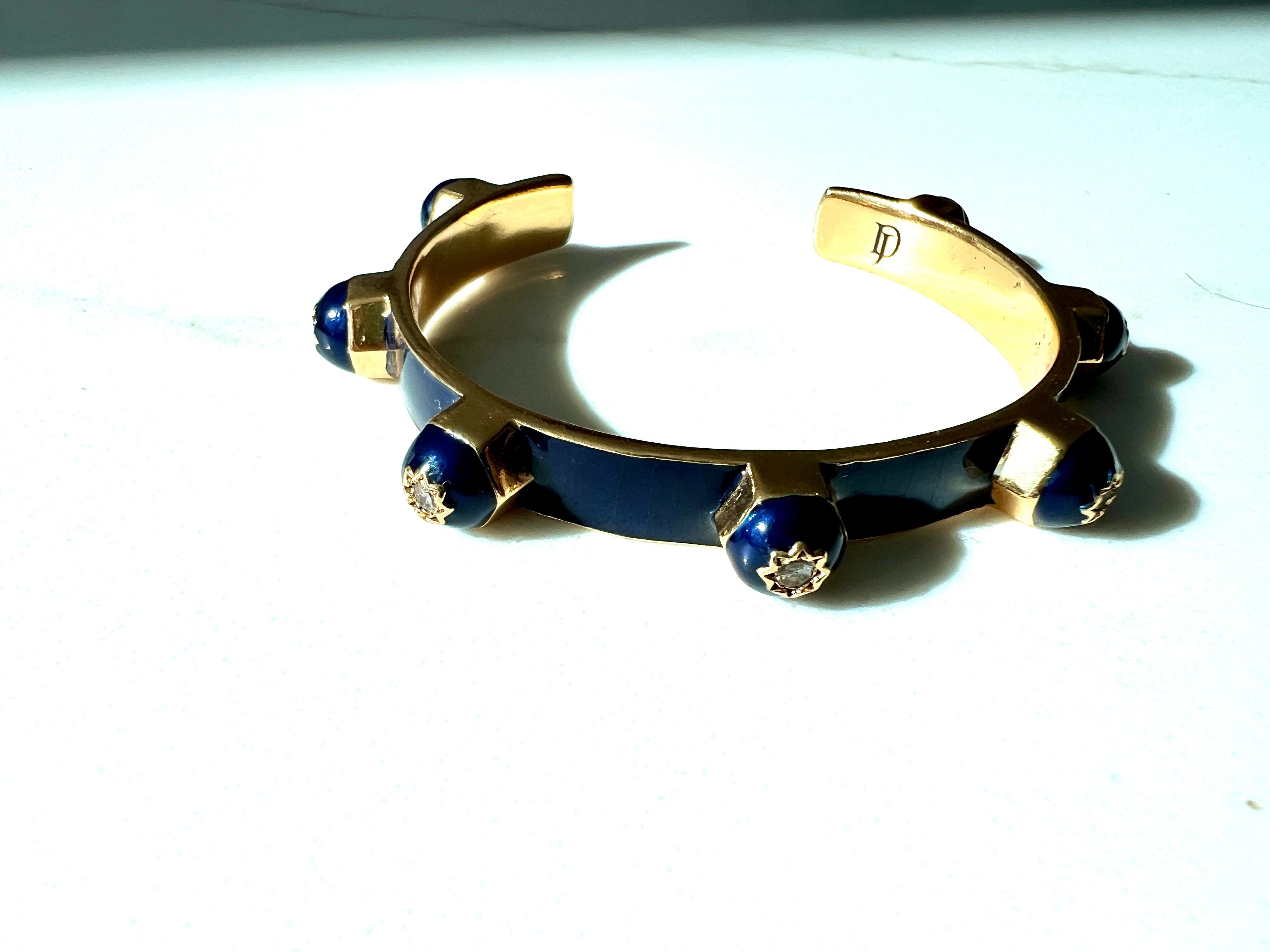 Royal Blue Enamel Cuff Bracelet with White Diamonds and Star Motif For Sale 6