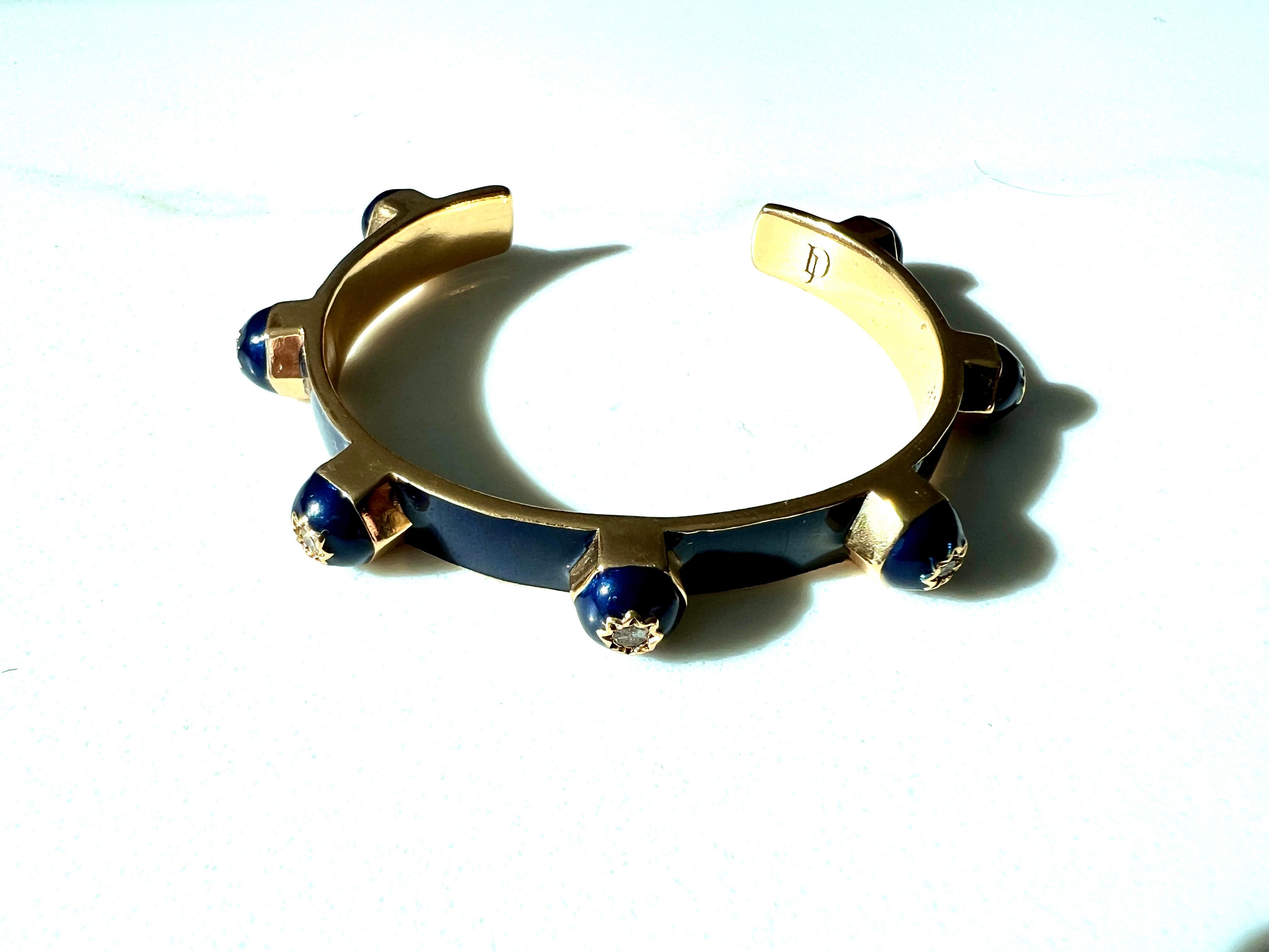 Royal Blue Enamel Cuff Bracelet with White Diamonds and Star Motif For Sale 7