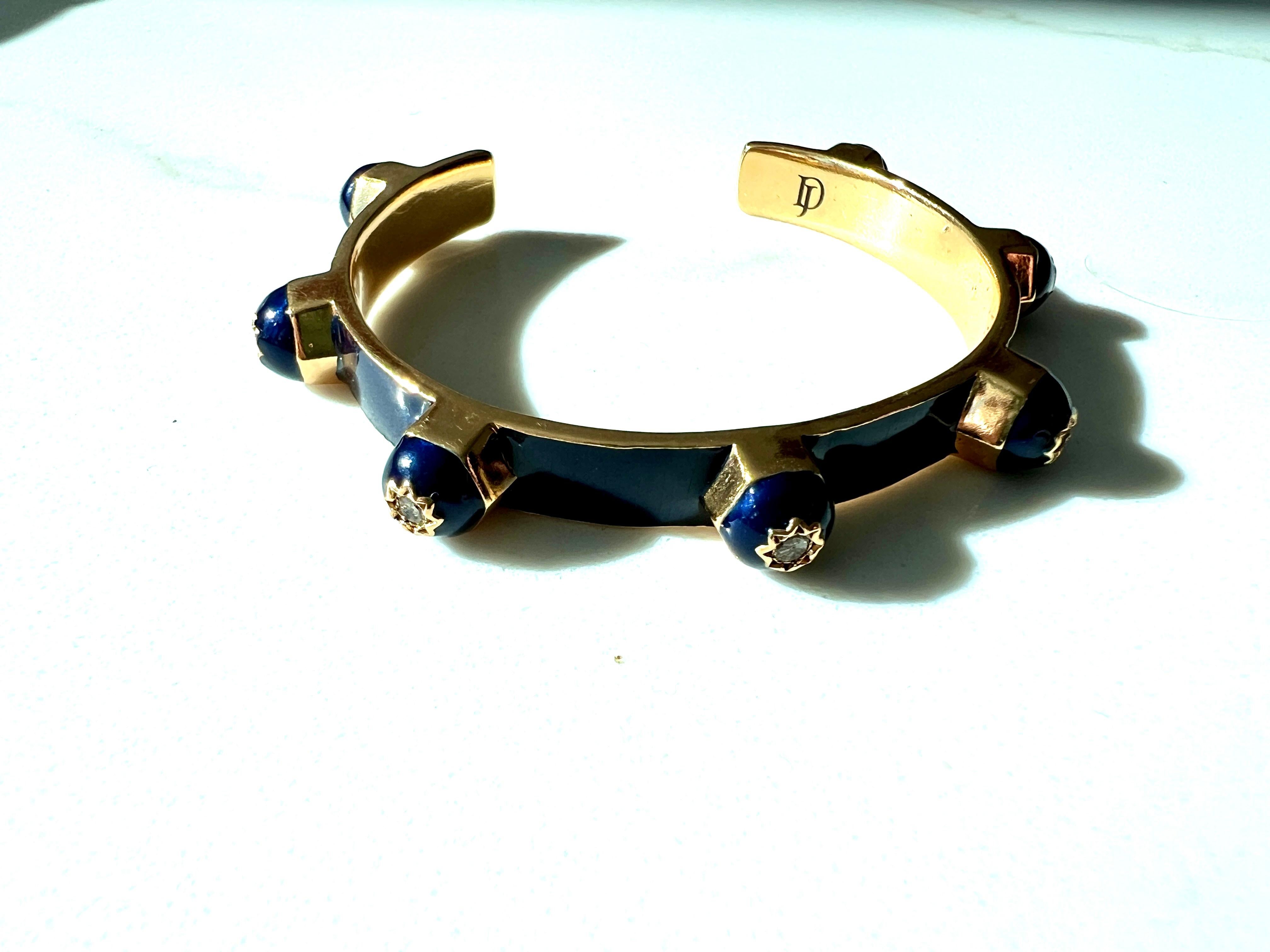 Royal Blue Enamel Cuff Bracelet with White Diamonds and Star Motif For Sale 8