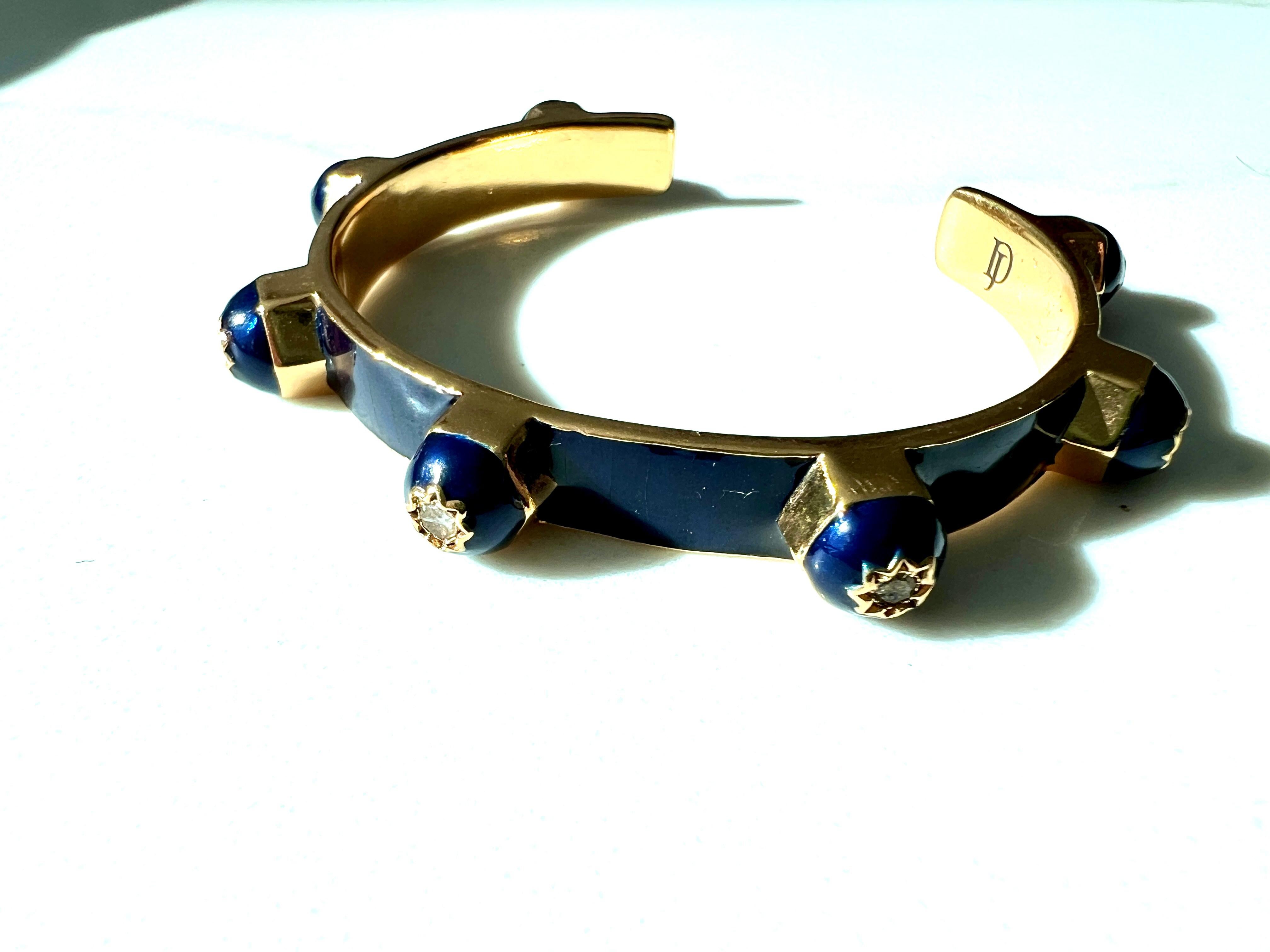 Royal Blue Enamel Cuff Bracelet with White Diamonds and Star Motif For Sale 9