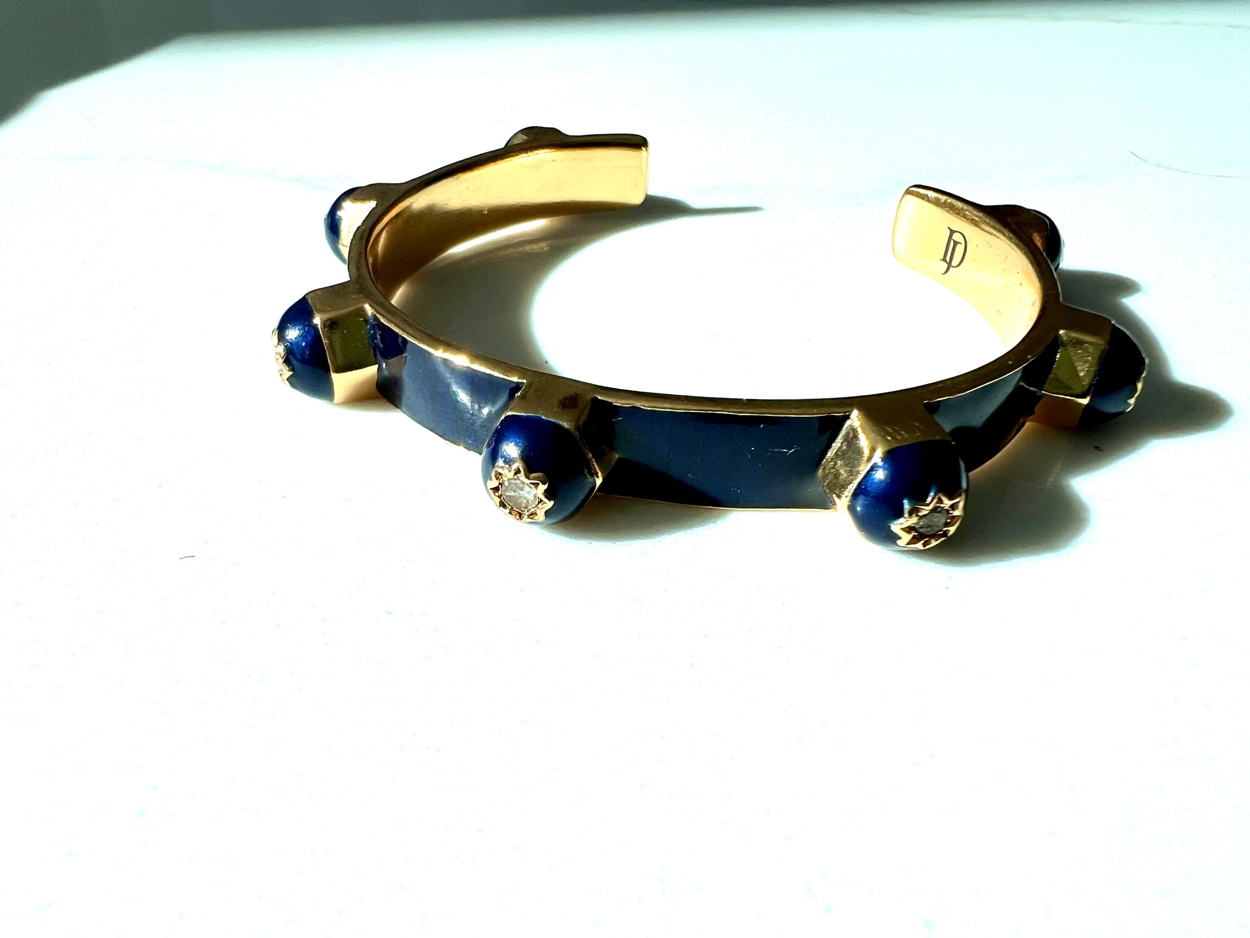 Royal Blue Enamel Cuff Bracelet with White Diamonds and Star Motif For Sale 10