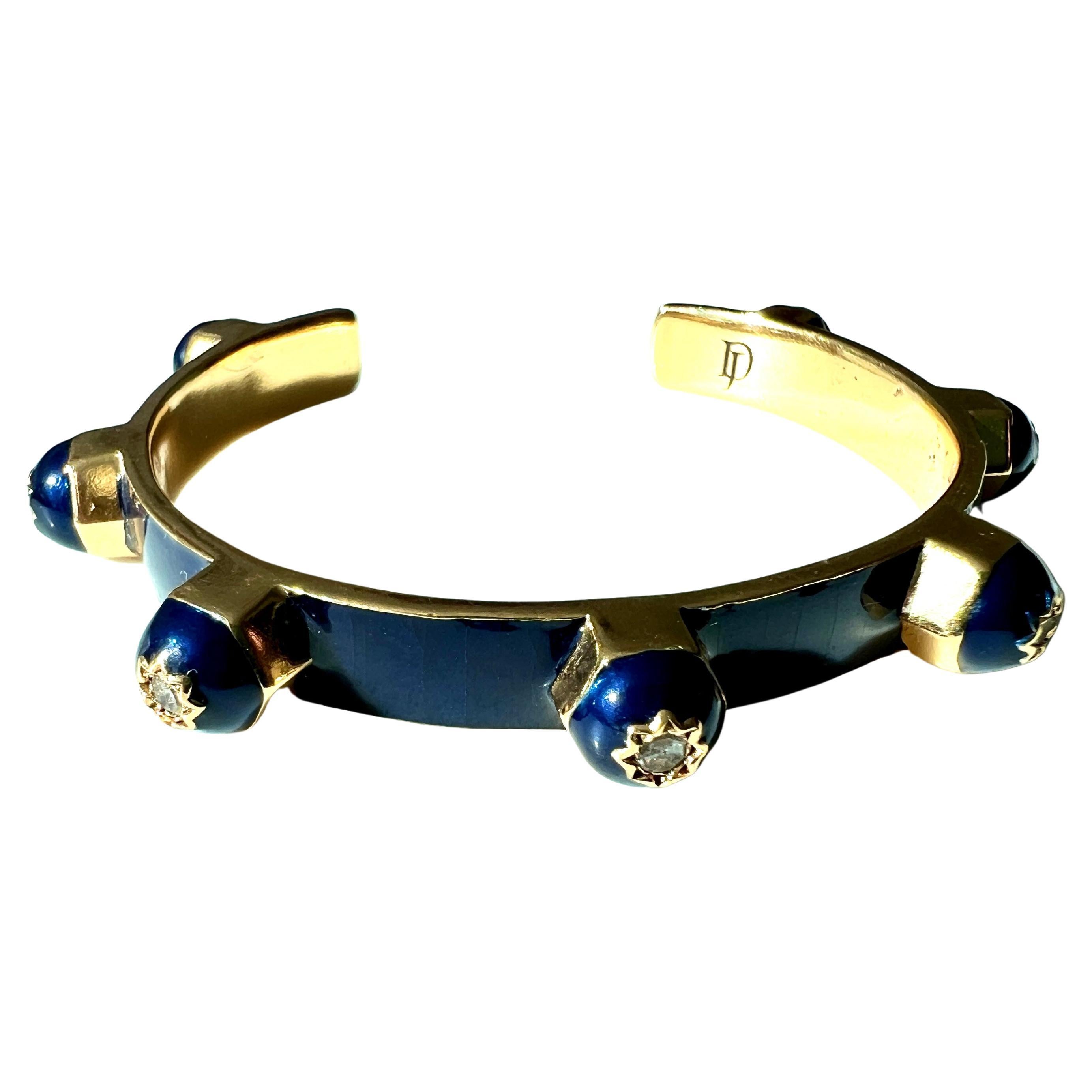 Victorian Royal Blue Enamel Cuff Bracelet with White Diamonds and Star Motif For Sale