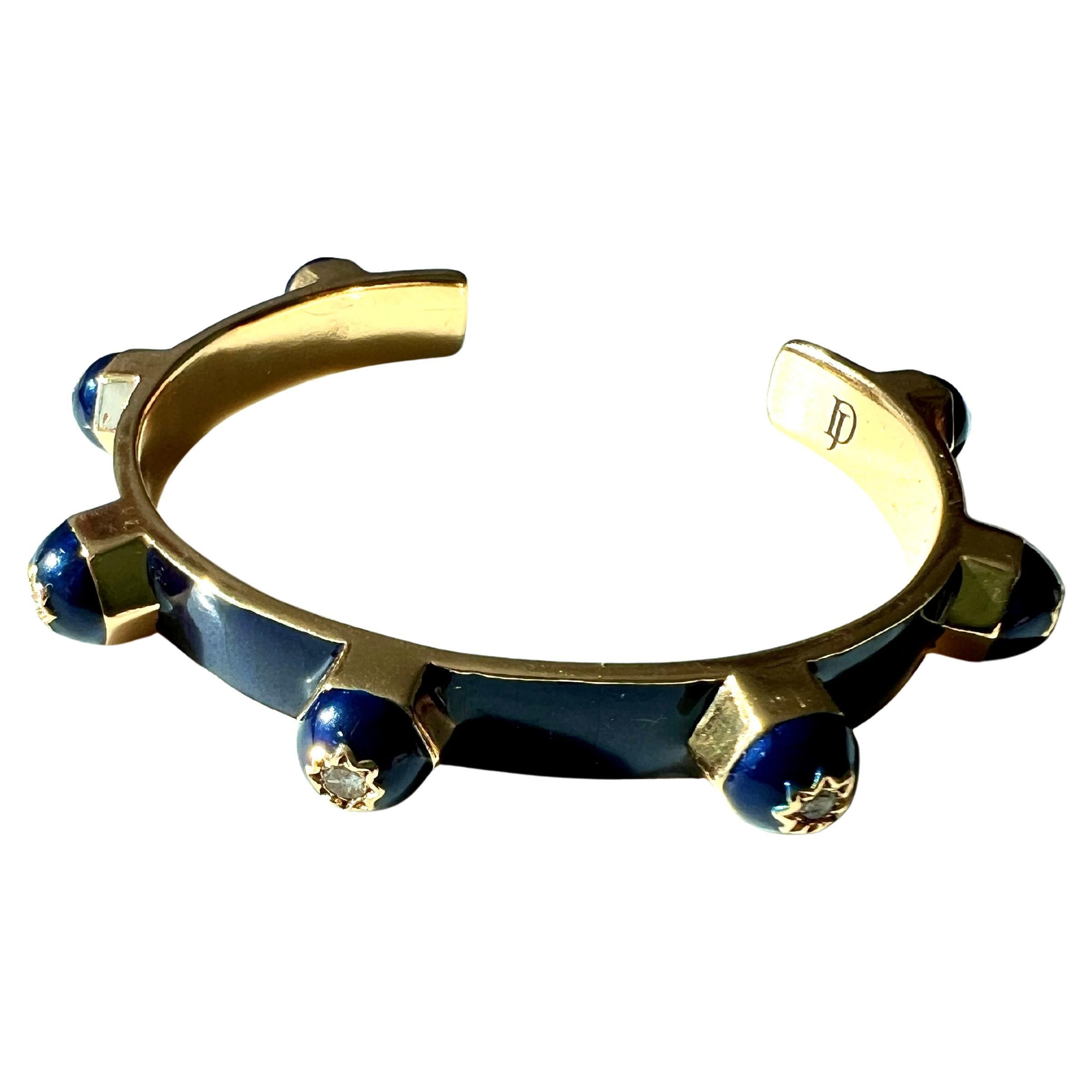 Brilliant Cut Royal Blue Enamel Cuff Bracelet with White Diamonds and Star Motif For Sale