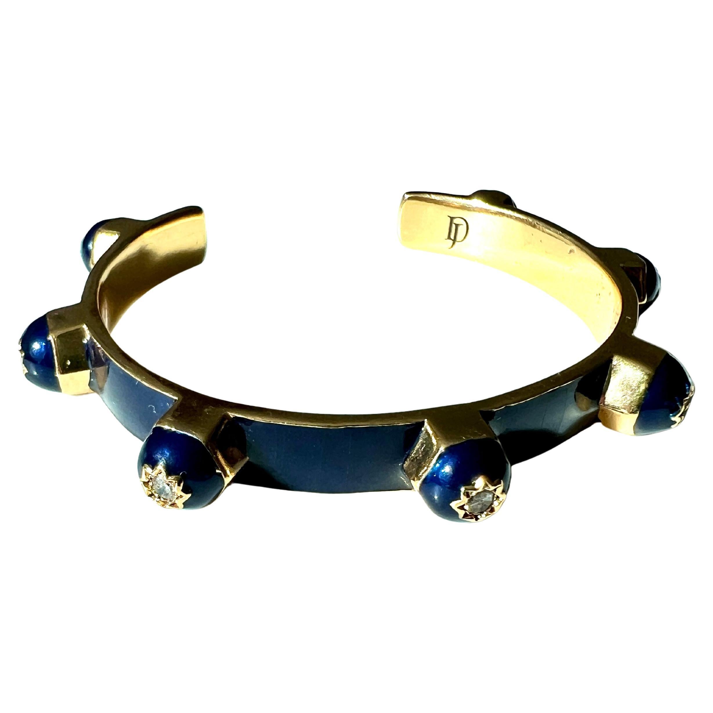 Royal Blue Enamel Cuff Bracelet with White Diamonds and Star Motif In New Condition For Sale In Los Angeles, CA