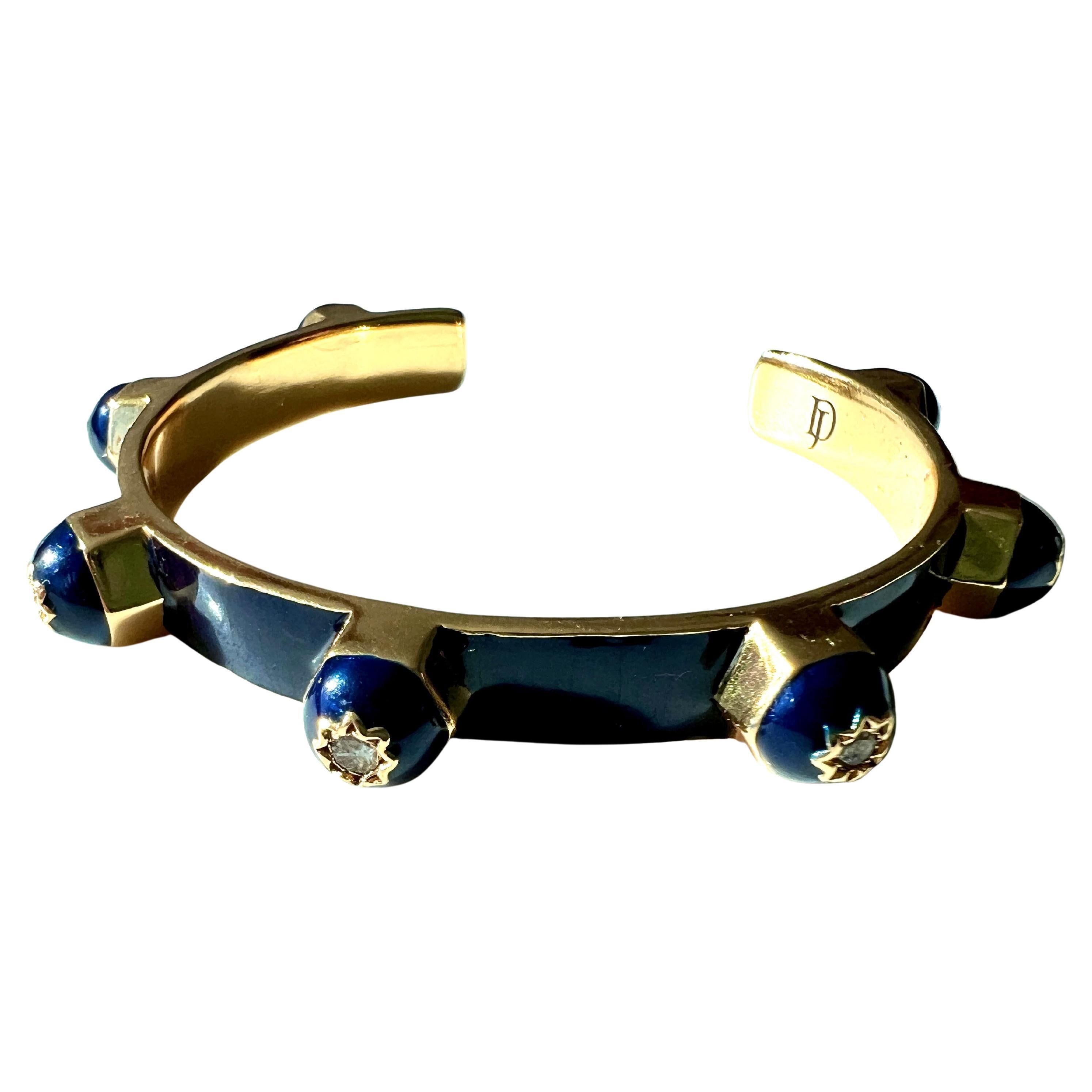 Women's Royal Blue Enamel Cuff Bracelet with White Diamonds and Star Motif For Sale