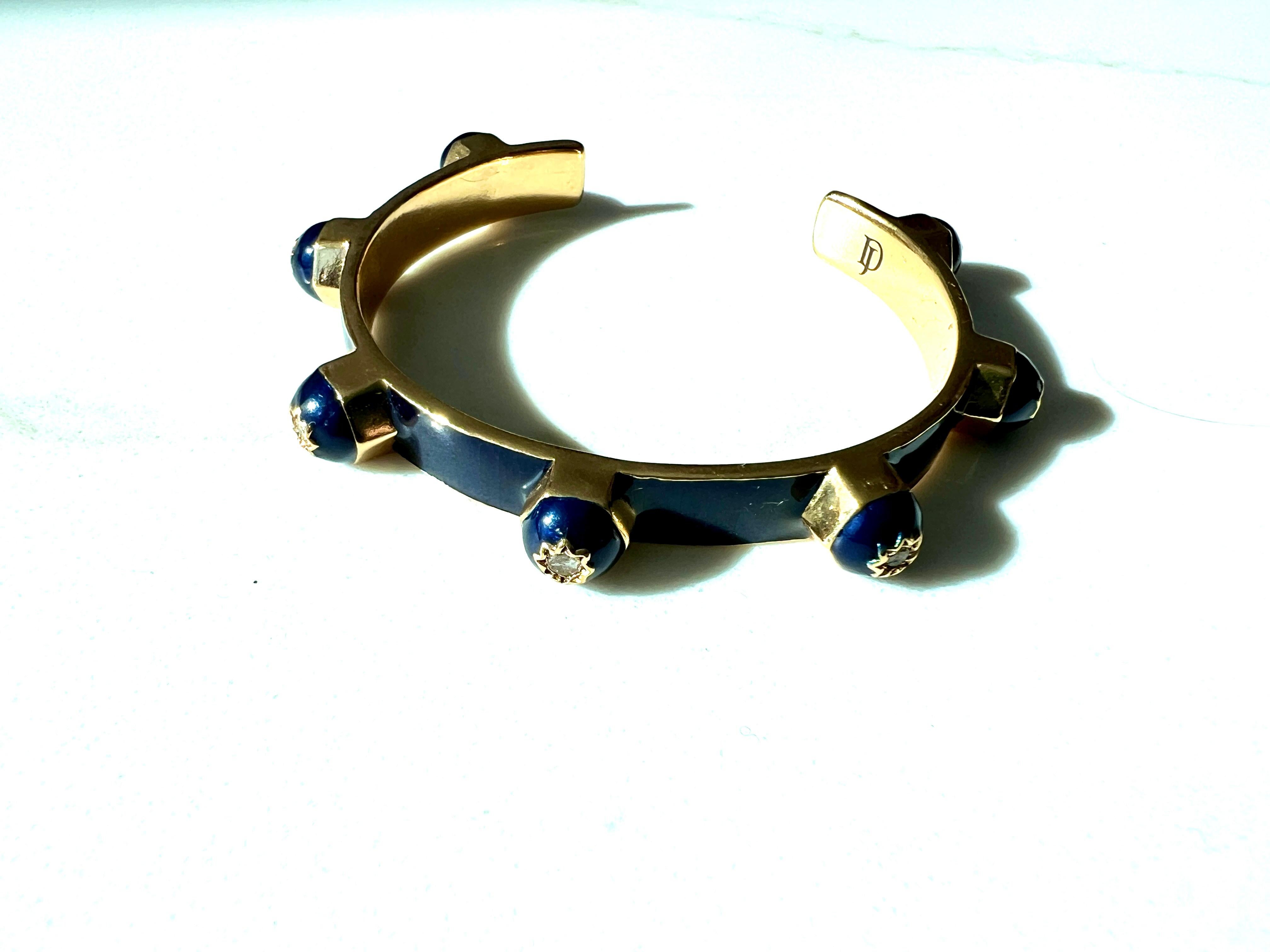 Royal Blue Enamel Cuff Bracelet with White Diamonds and Star Motif For Sale 2