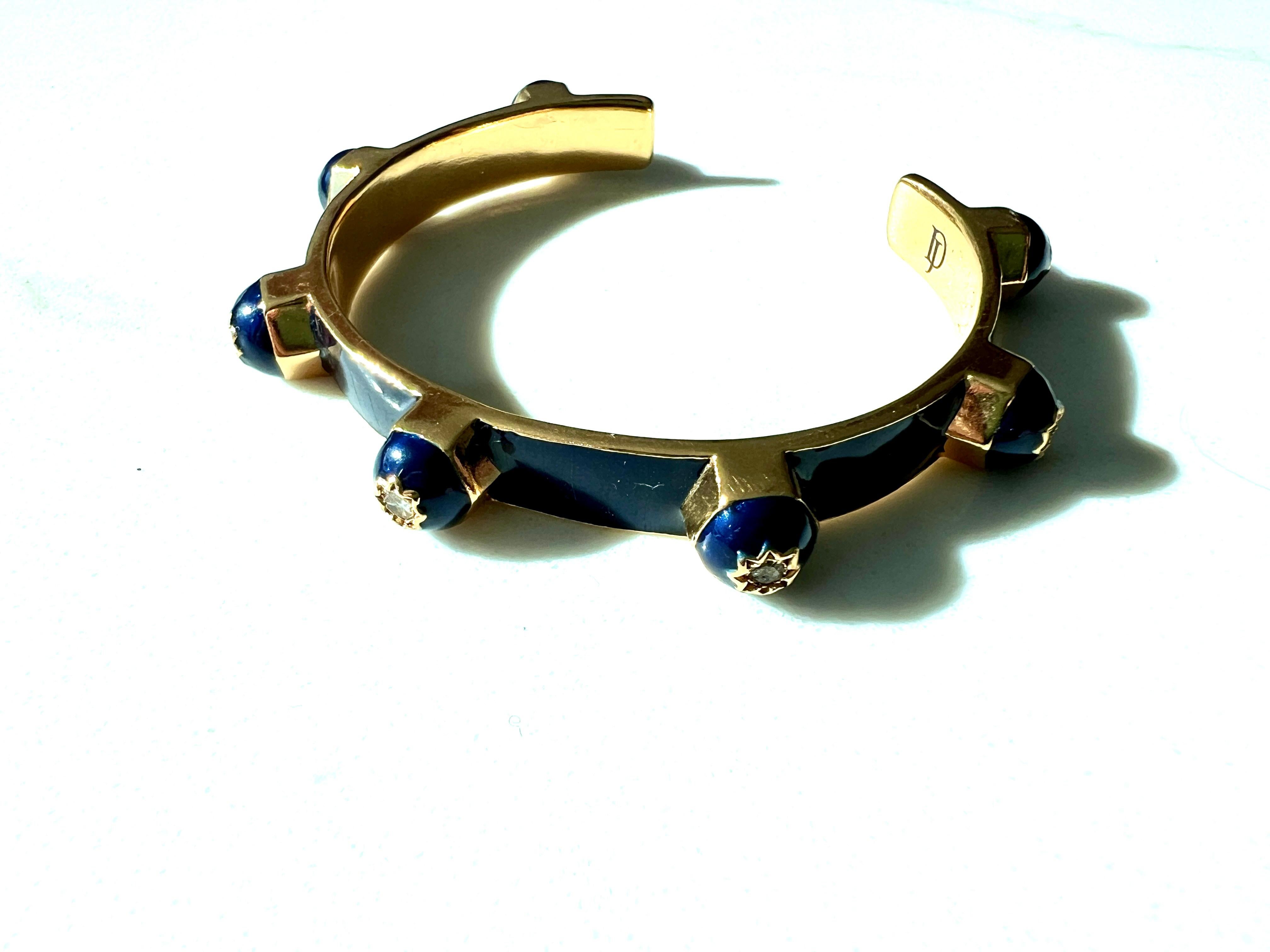 Royal Blue Enamel Cuff Bracelet with White Diamonds and Star Motif For Sale 3