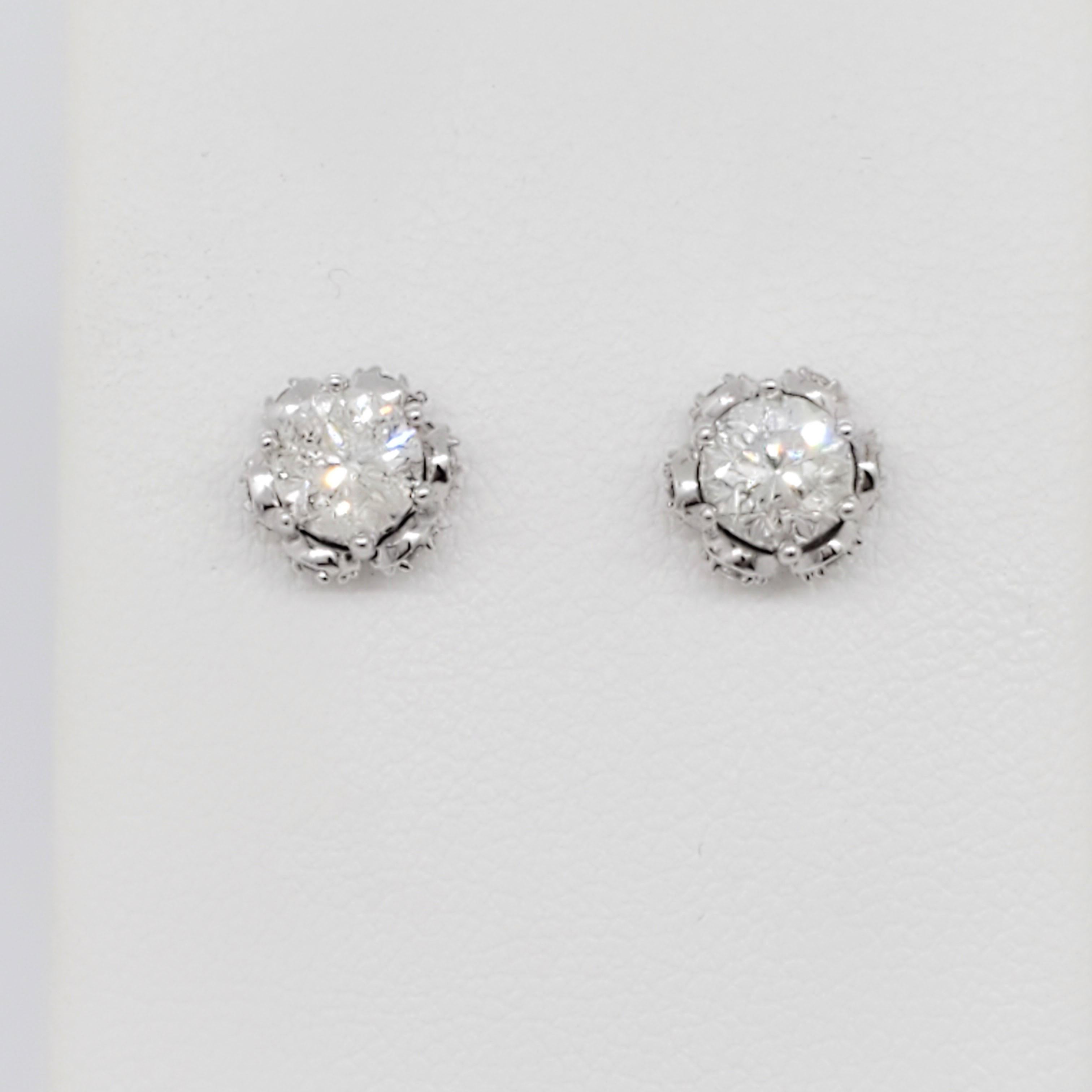 Round Cut White Diamond Stud Earrings in 14k White Gold For Sale