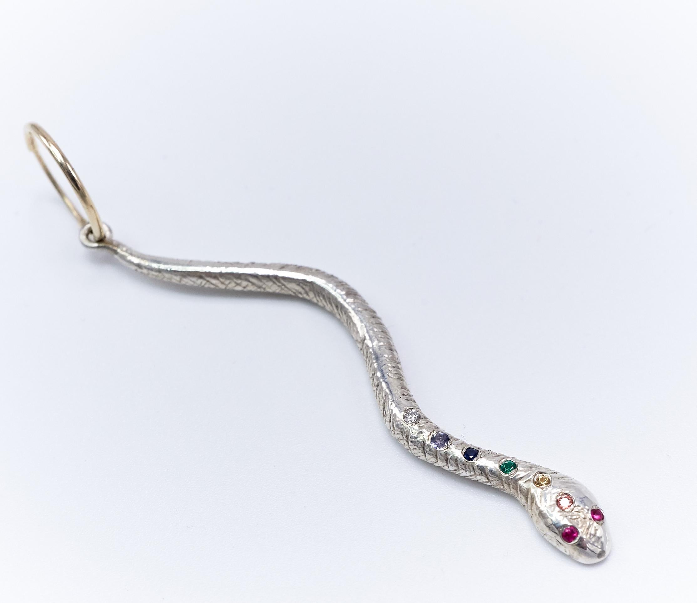Contemporary Rainbow White Diamond Blue Sapphire Emerald Citrin Ruby Snake Earring Chakra For Sale