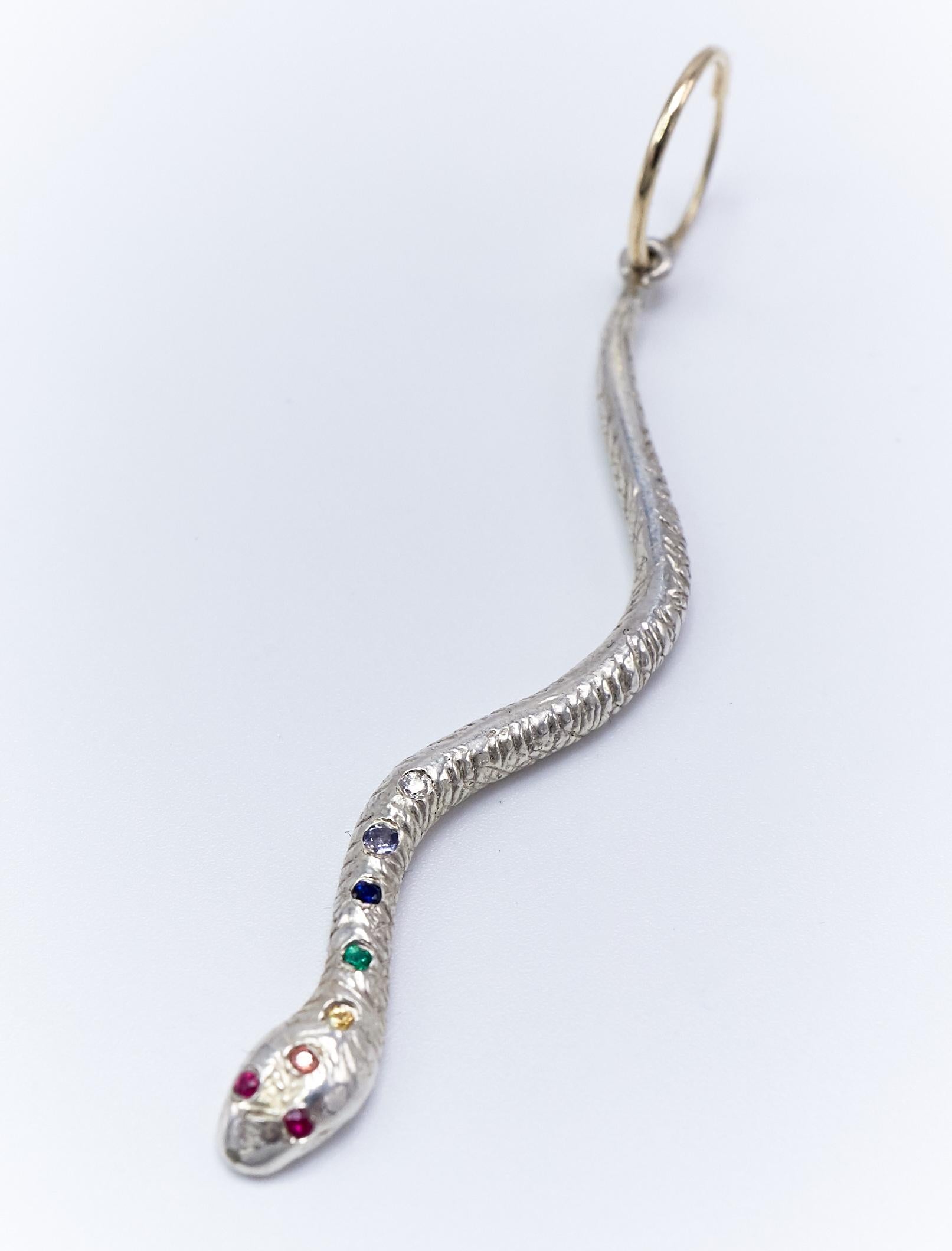 Contemporary White Diamond Tanzanite Blue Sapphire Emerald Rainbow  Earring Snake Chakra For Sale