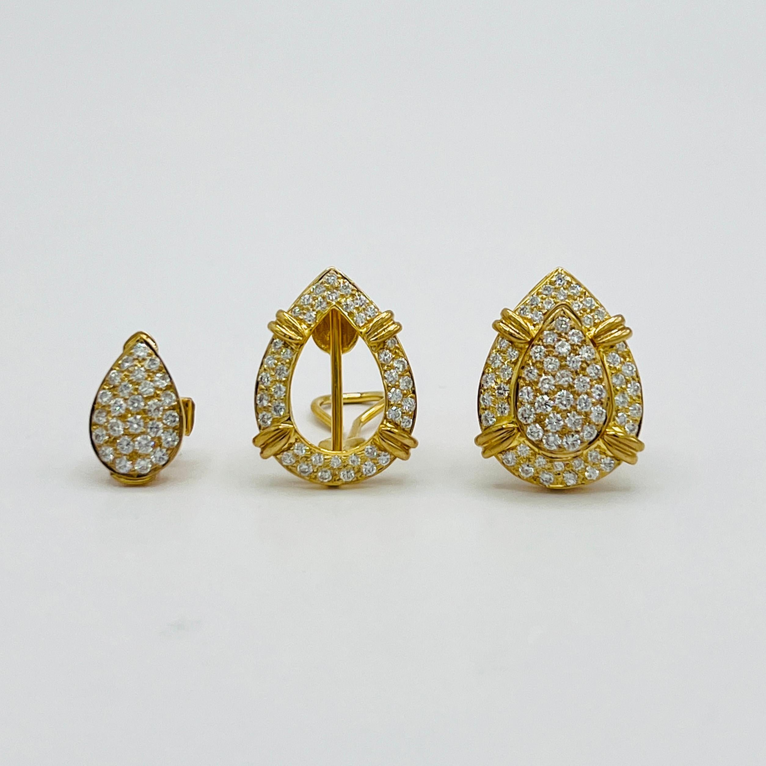 White Diamond Tear Drop Shape Removable Earrings in 18K Yellow Gold For Sale 1