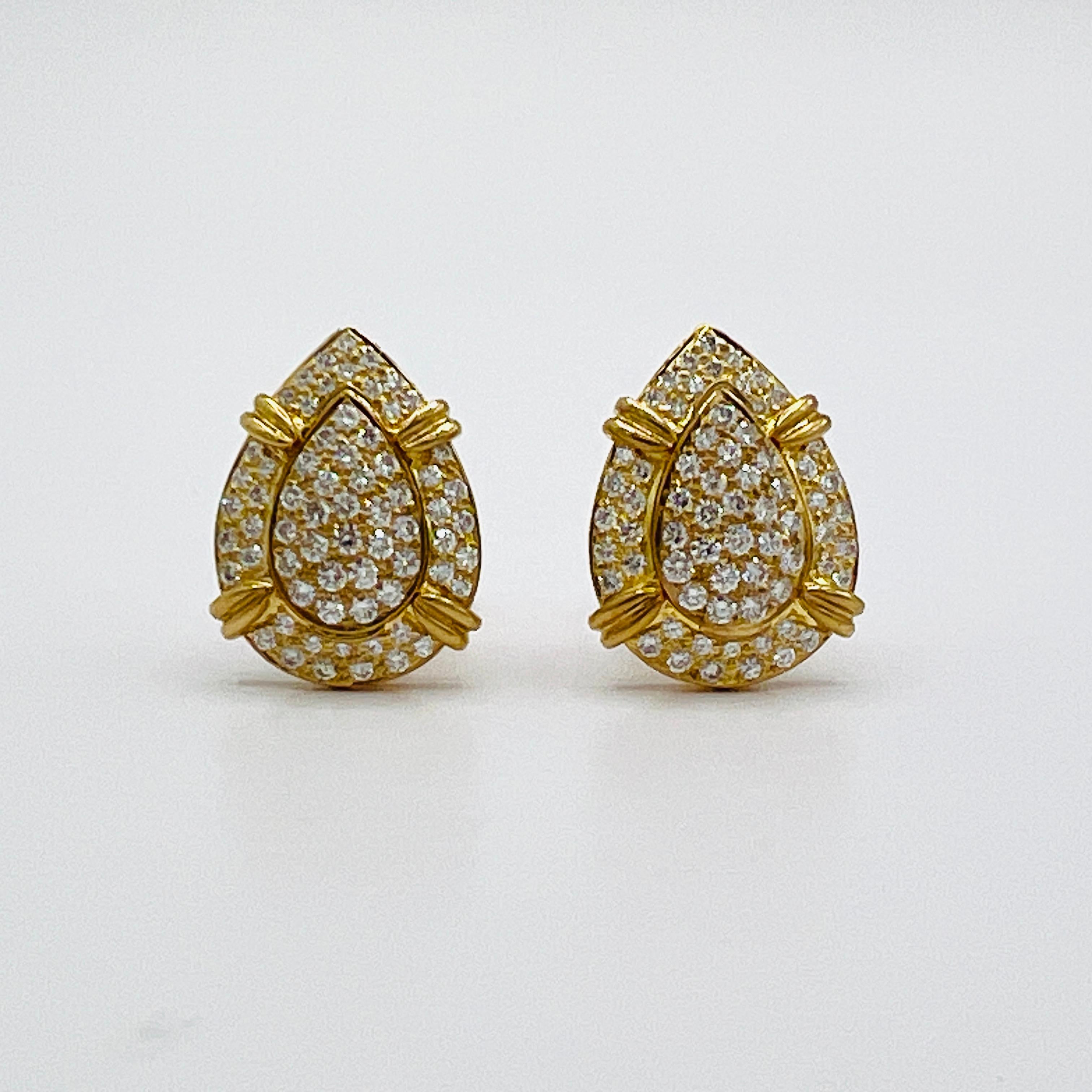 White Diamond Tear Drop Shape Removable Earrings in 18K Yellow Gold For Sale