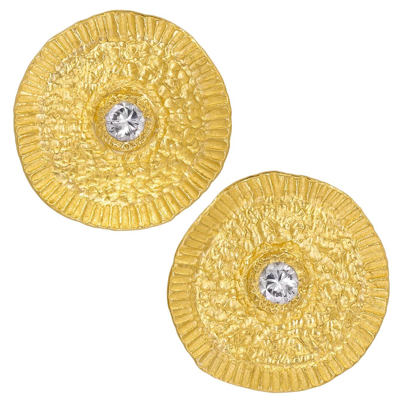 White Diamond Textured Pure Gold Sun Stud Clip Earrings, Devta Doolan 2023
