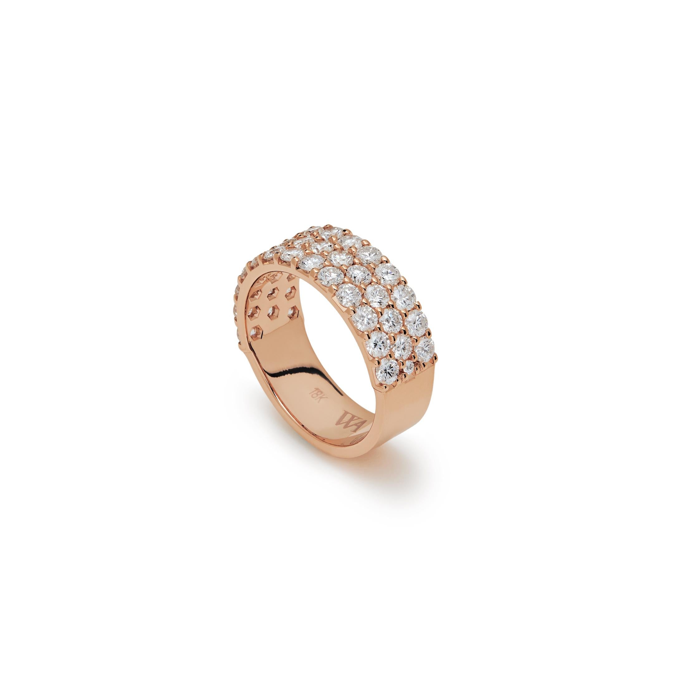 Taglio rotondo Rose Gold White Diamond Three-Row Ring in vendita