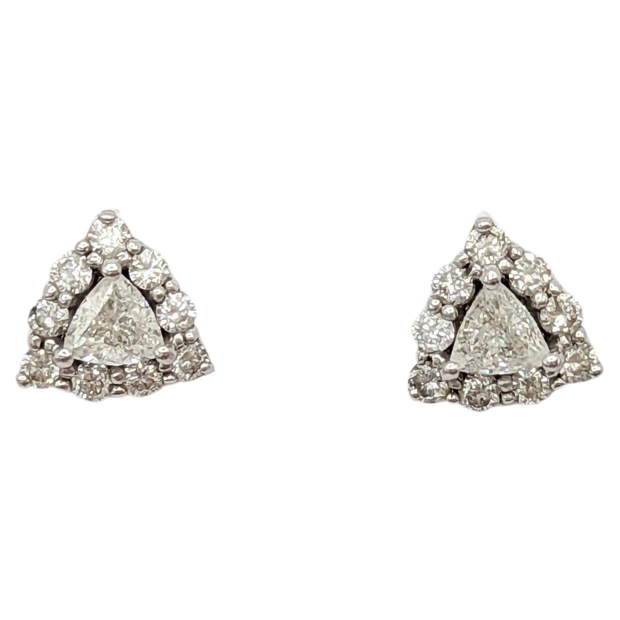White Diamond Trillion Earring Studs in 14K White Gold For Sale