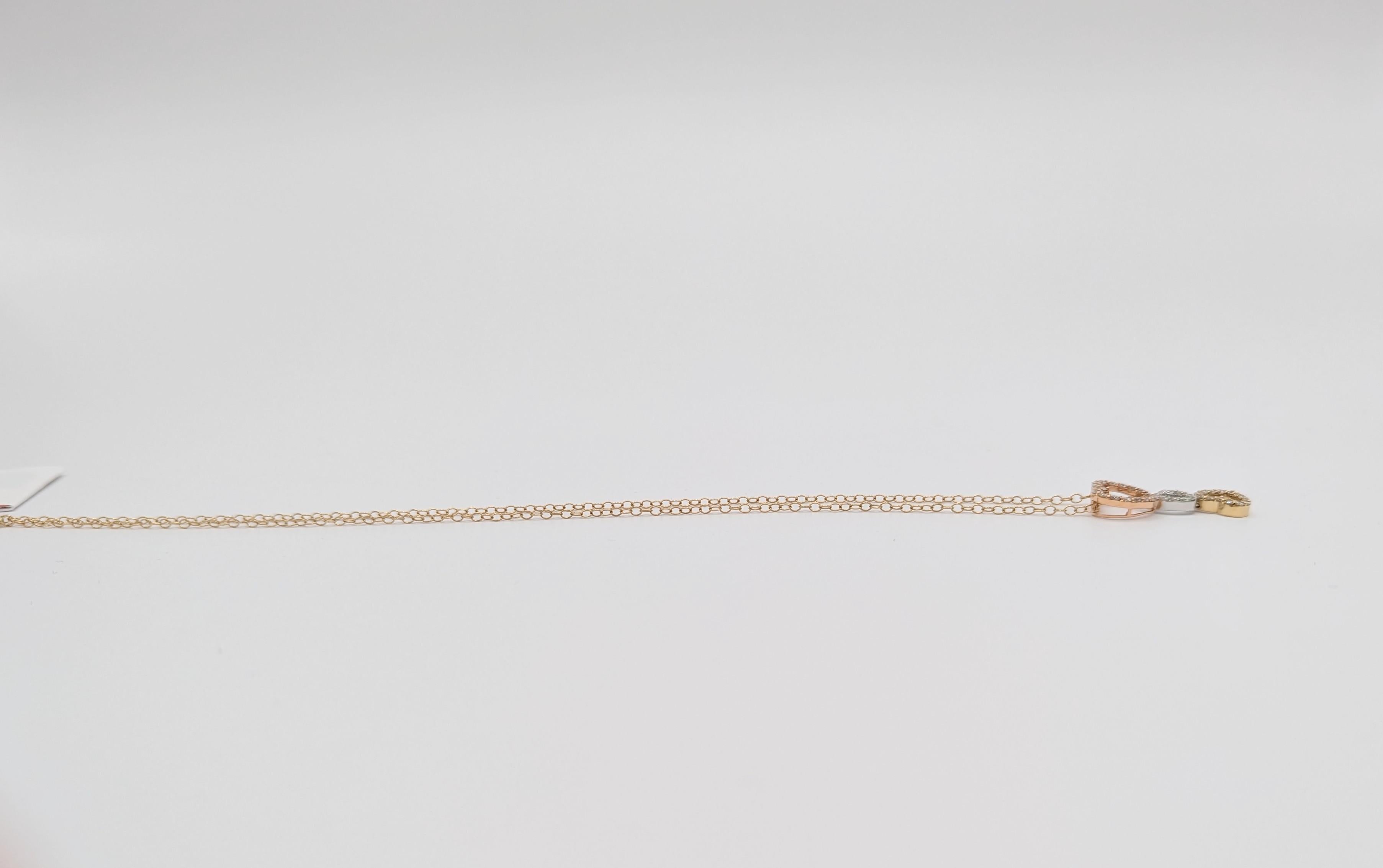 Women's or Men's White Diamond Triple Hearts Pendant Necklace in 14K Three Tone Gold For Sale