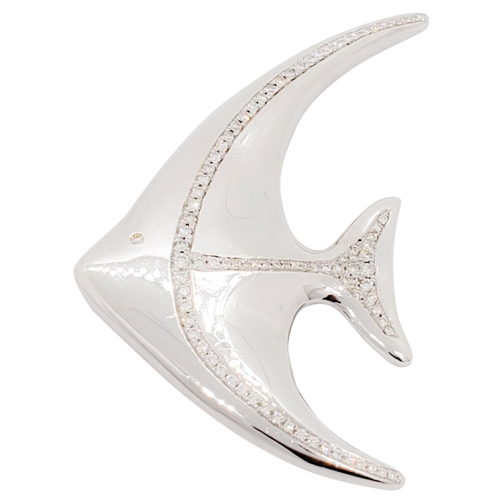 White Diamond Tropical Fish Pendant/Brooch in 14k White Gold For Sale