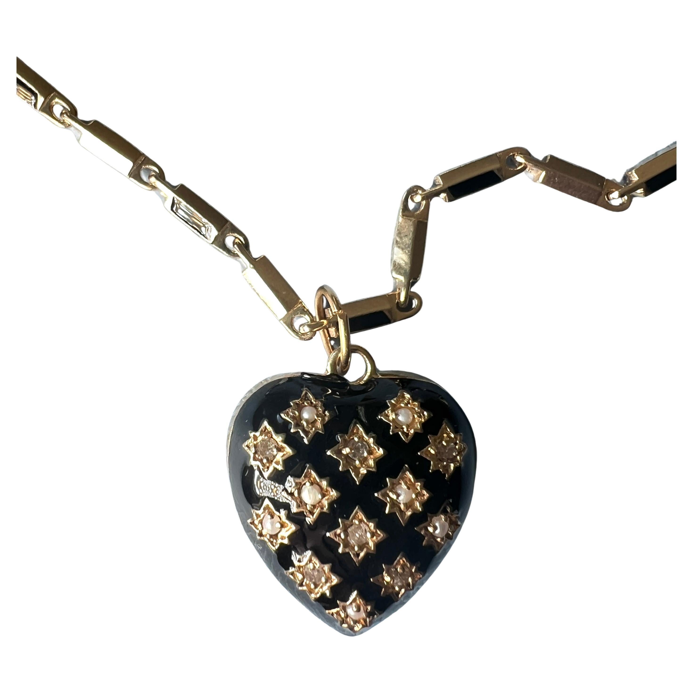 White Diamond Victorian Style Heart Chain Necklace Black Enamel