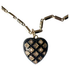 Collar Cadena Corazón Estilo Victoriano Diamante Blanco Esmalte Negro