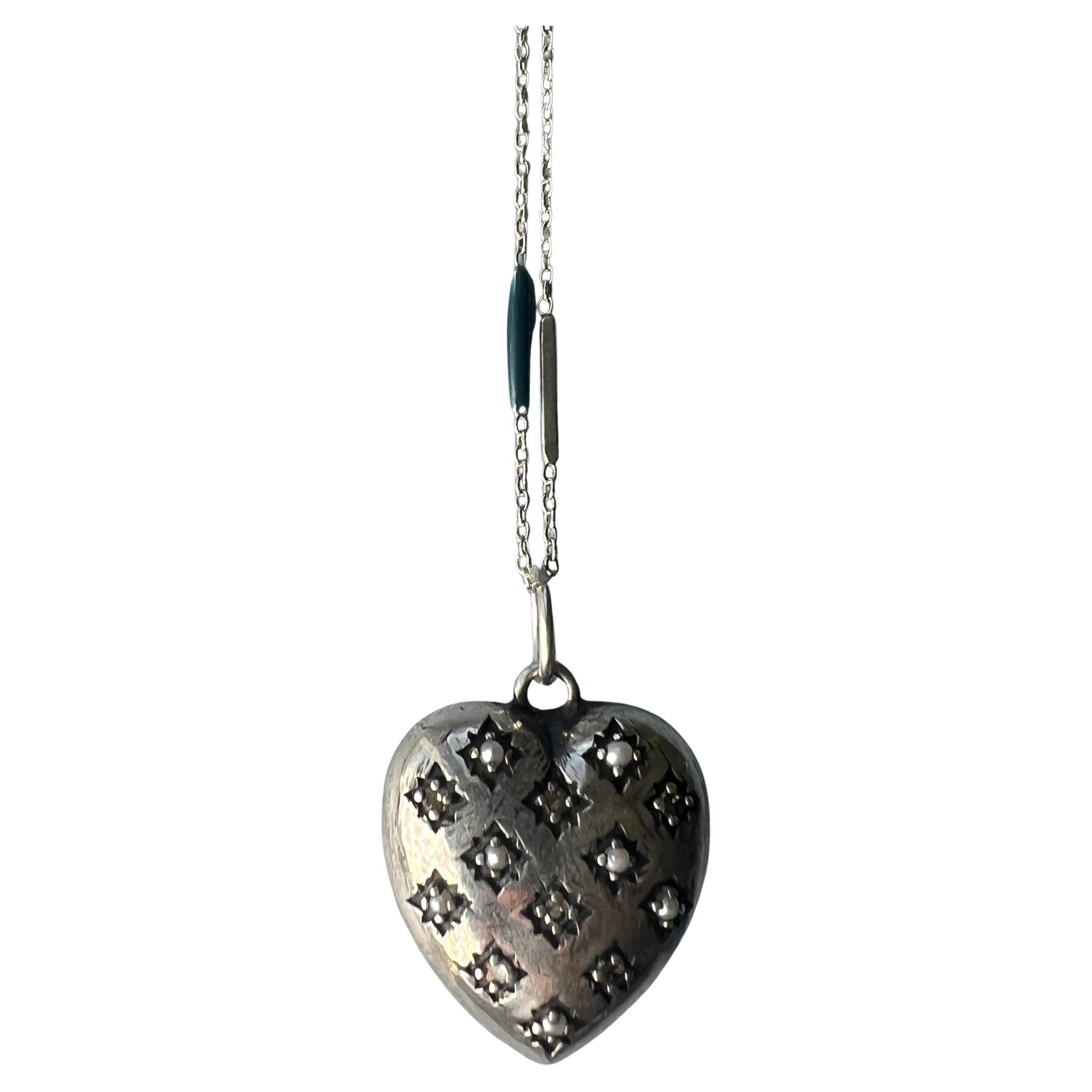 White Diamond Victorian Style Heart Silver Chain Necklace Blue Enamel