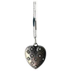 Diamante Blanco Estilo Victoriano Corazón Cadena de Plata Collar Esmalte Azul