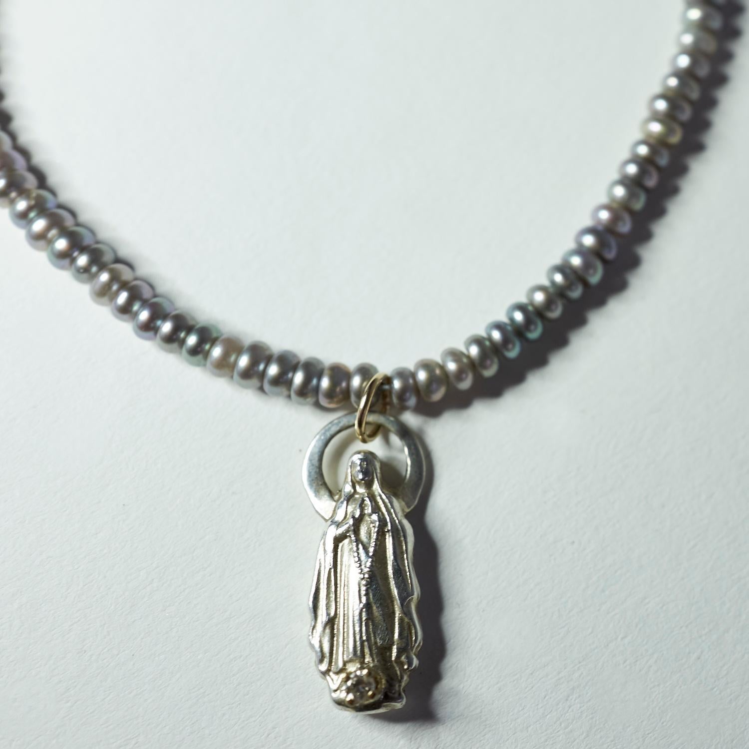 White Diamond Virgin Mary Figurine Pendant Silver Pearl Turquoise 16