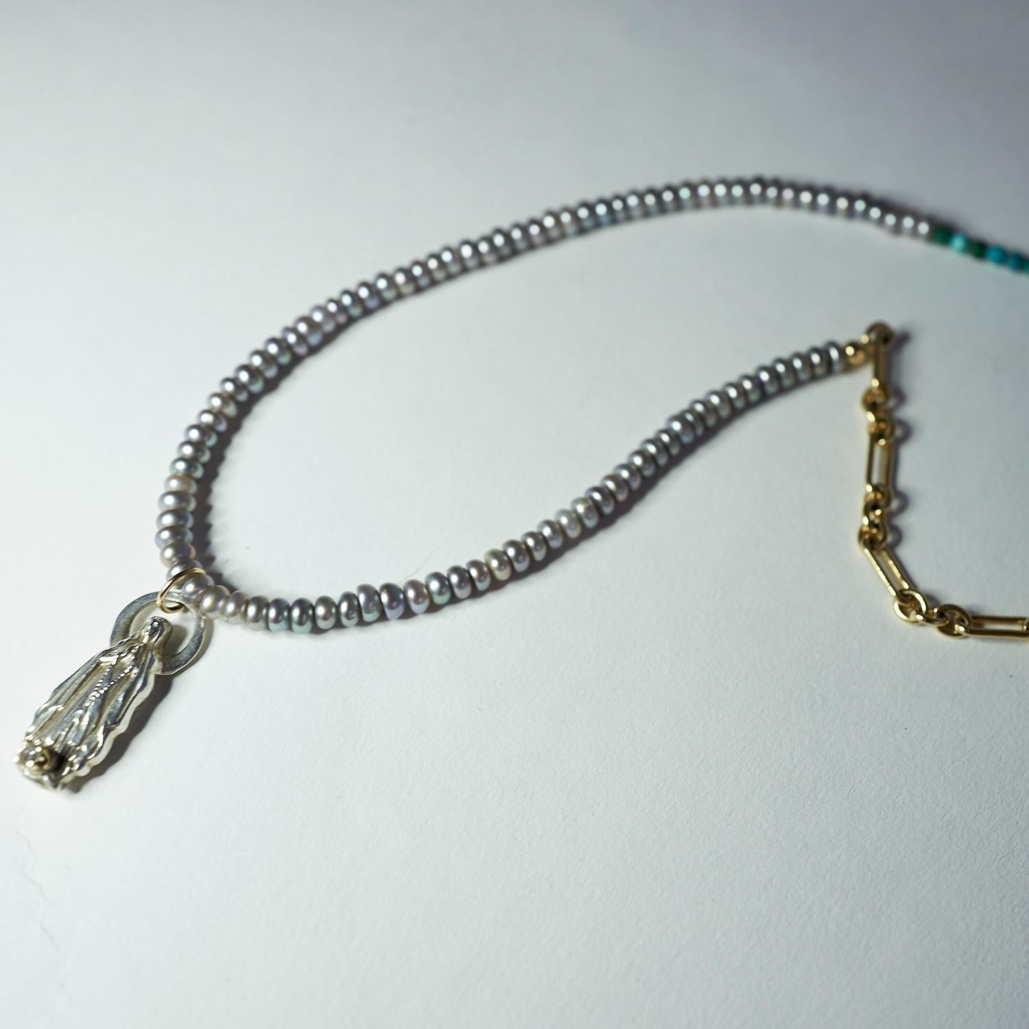 Weißer Diamant-Frauen Maria-Figurenanhänger aus Silber mit Perlen und Türkis J Dauphin (Brillantschliff) im Angebot