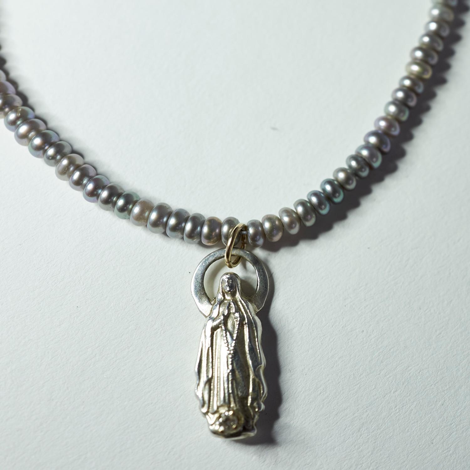 Contemporary White Diamond Virgin Mary Figurine Pendant Silver Pearl Turquoise J Dauphin For Sale