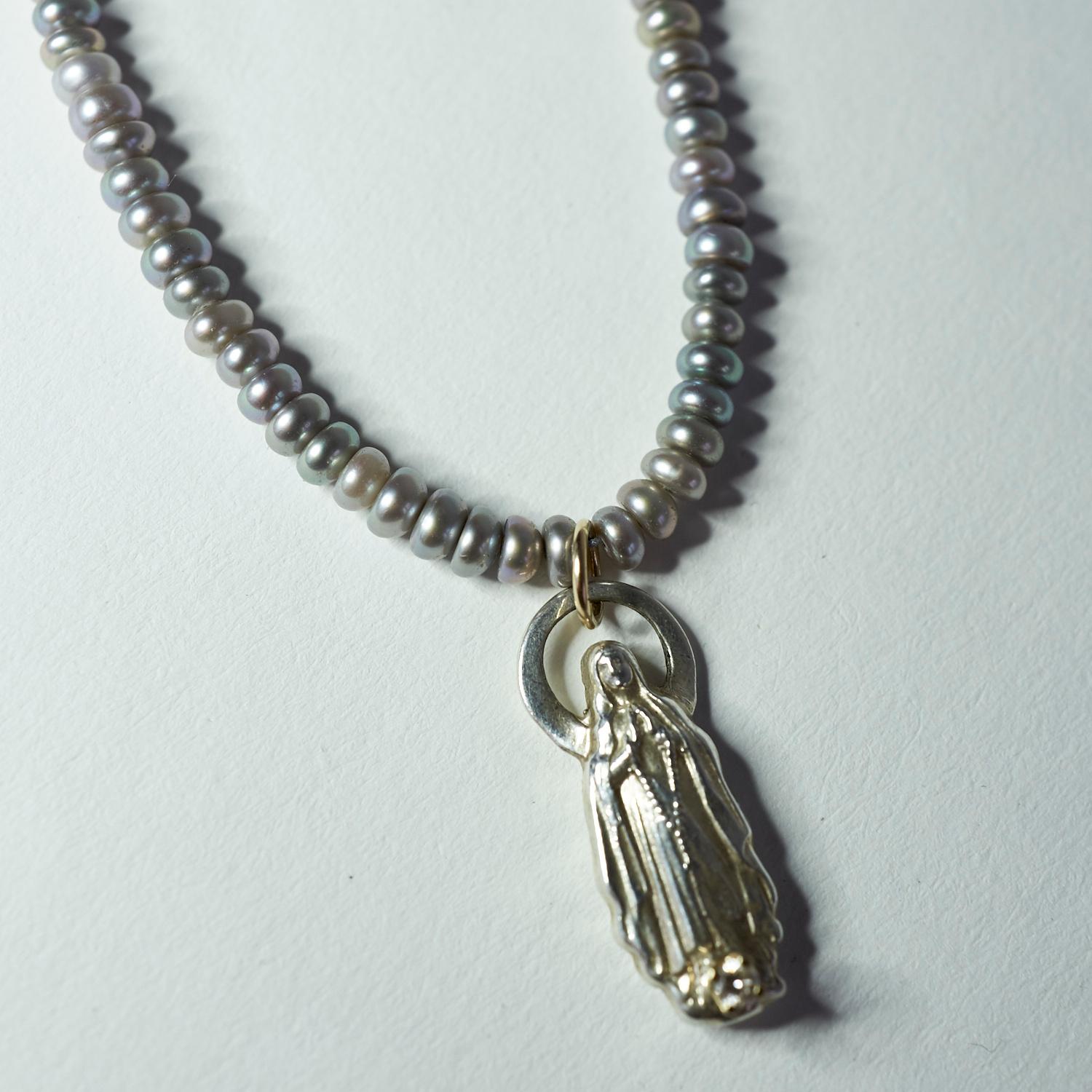 Brilliant Cut White Diamond Virgin Mary Figurine Pendant Silver Pearl Turquoise J Dauphin For Sale
