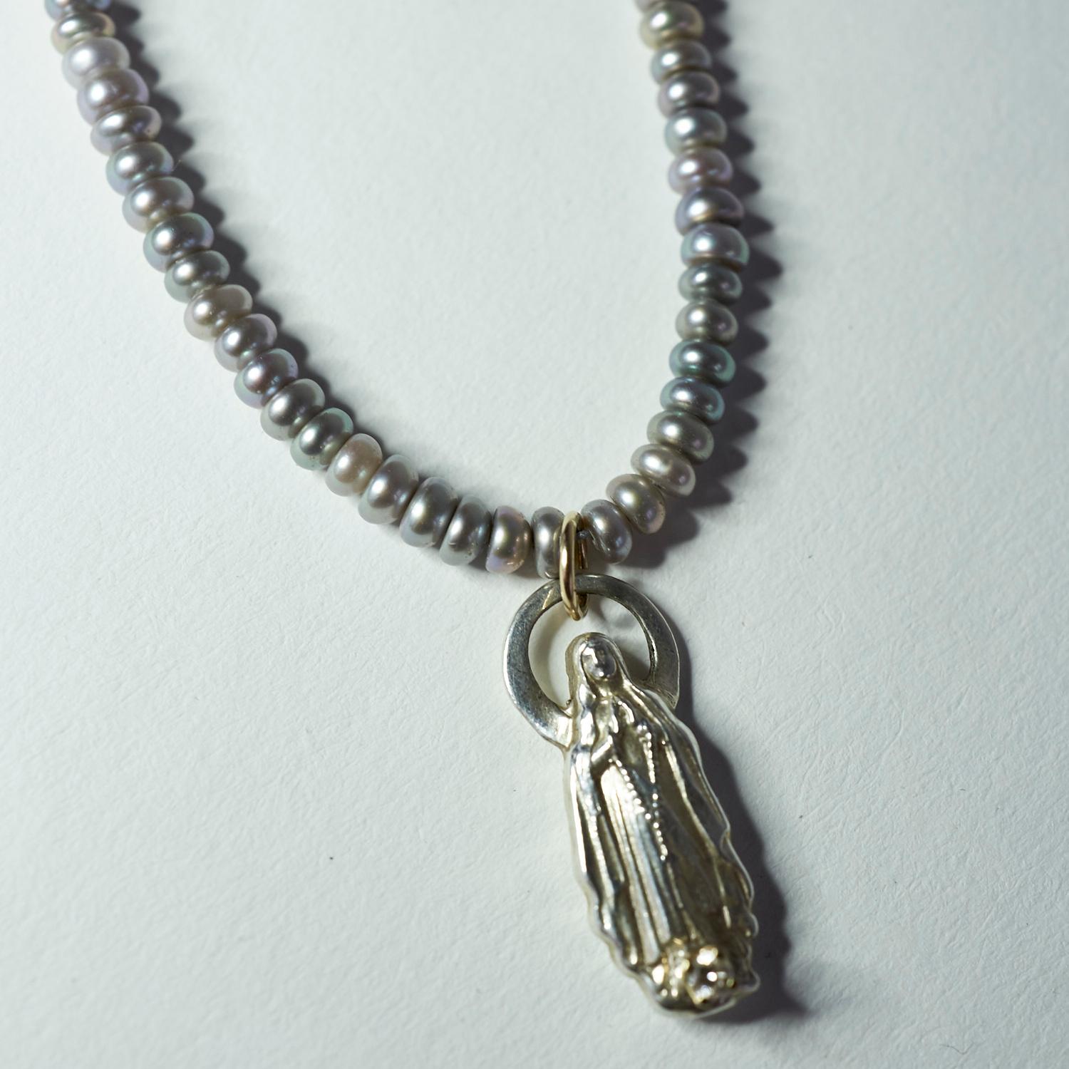 White Diamond Virgin Mary Figurine Pendant Silver Pearl Turquoise J Dauphin In New Condition For Sale In Los Angeles, CA