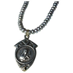 Perla con diamante bianco Vergine Maria Madre Maria Medaglia Collana J DAUPHIN