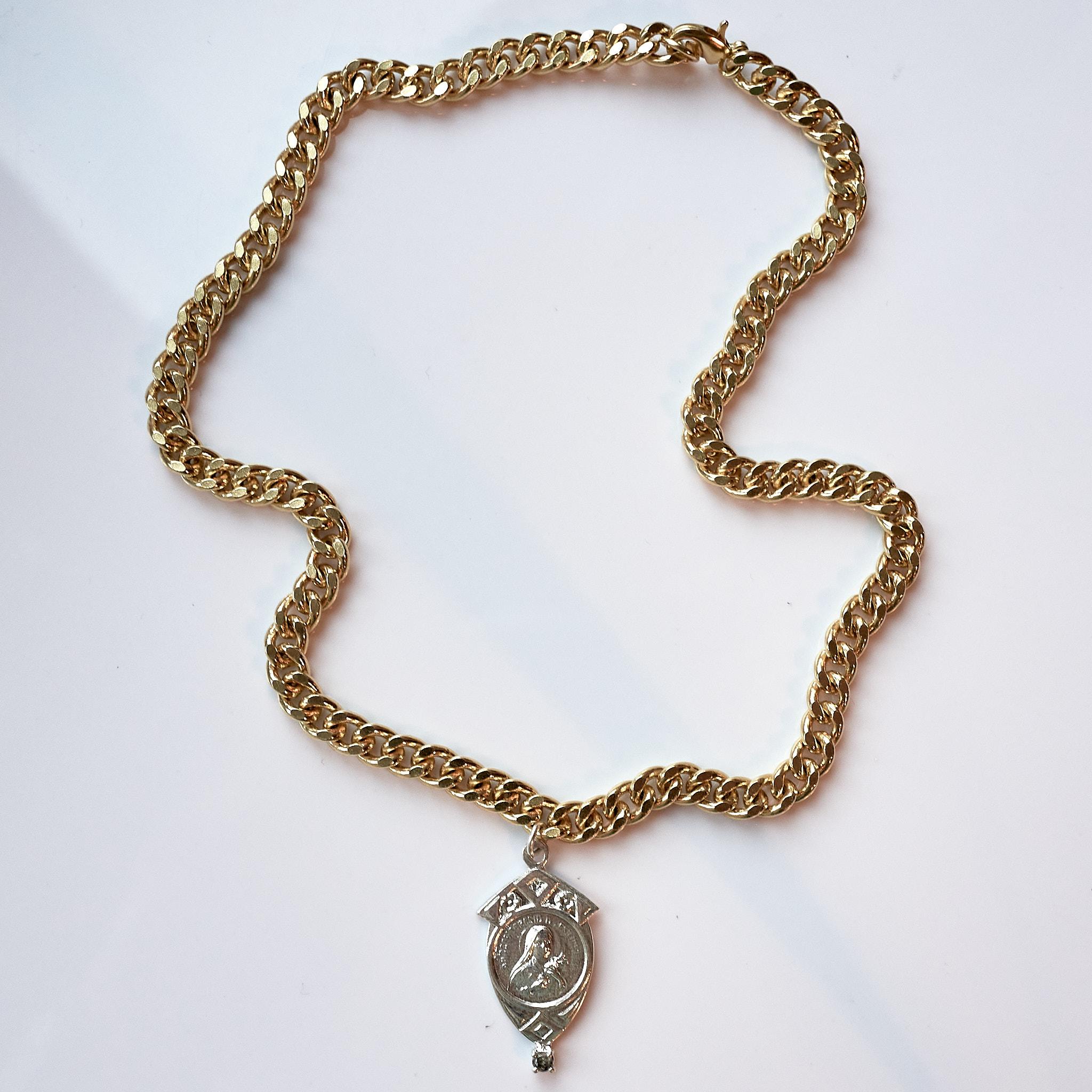 Weißer Diamant Jungfrau Maria-Medaille Frankreich Sterlingsilber Kette Choker J Dauphin 7