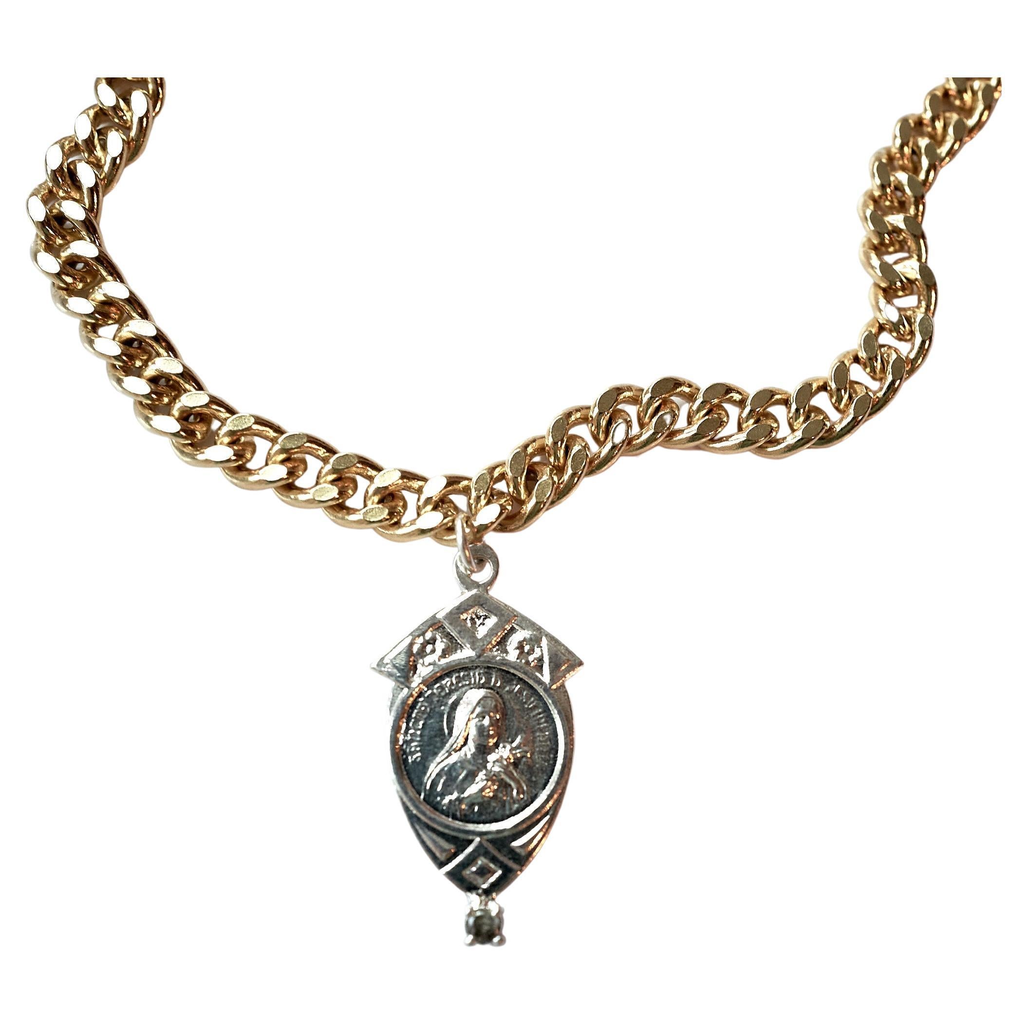 Weißer Diamant Jungfrau Maria Medaille Frankreich Sterling Silber vergoldet Chunky Kette Halsband 16