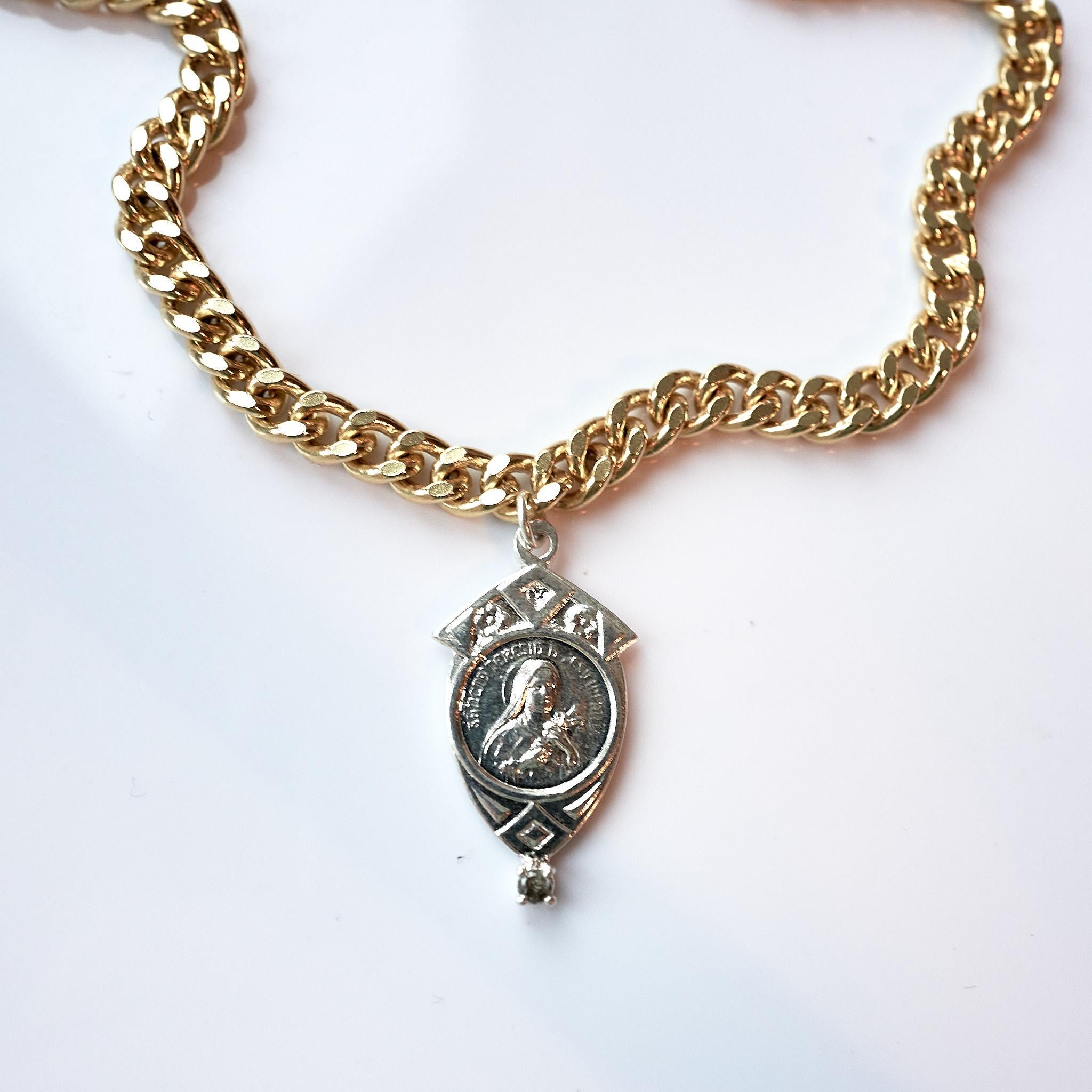 Weißer Diamant Jungfrau Maria-Medaille Frankreich Sterlingsilber Kette Choker J Dauphin (Brillantschliff)