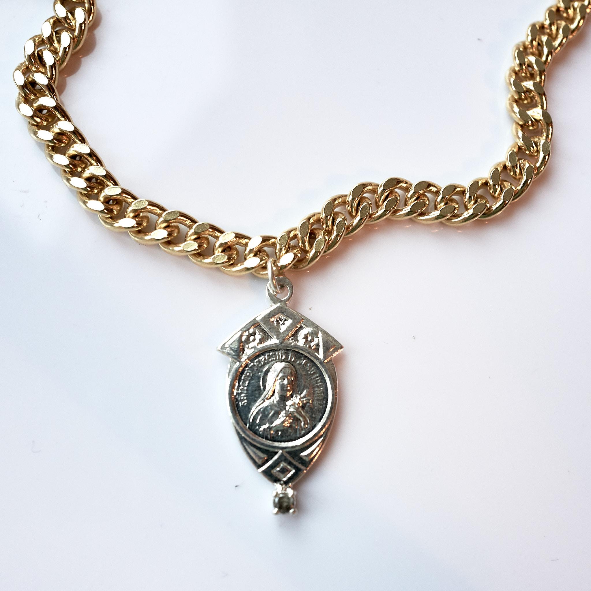 Weißer Diamant Jungfrau Maria-Medaille Frankreich Sterlingsilber Kette Choker J Dauphin im Zustand „Neu“ im Angebot in Los Angeles, CA