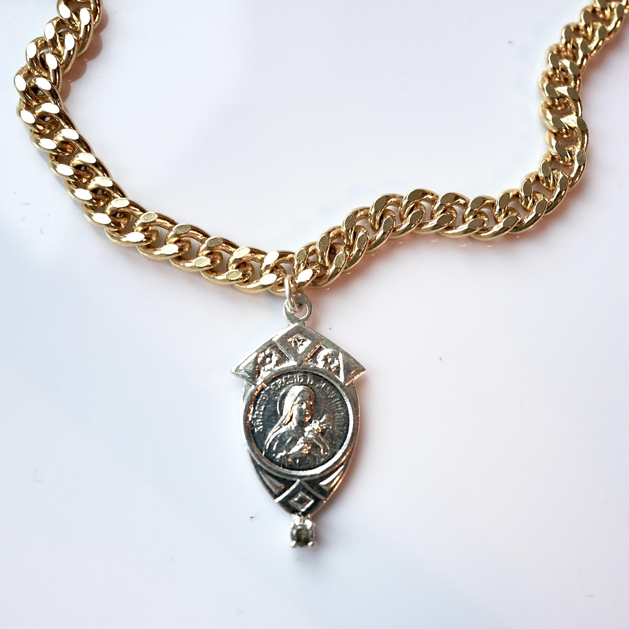 Weißer Diamant Jungfrau Maria-Medaille Frankreich Sterlingsilber Kette Choker J Dauphin im Zustand „Neu“ in Los Angeles, CA