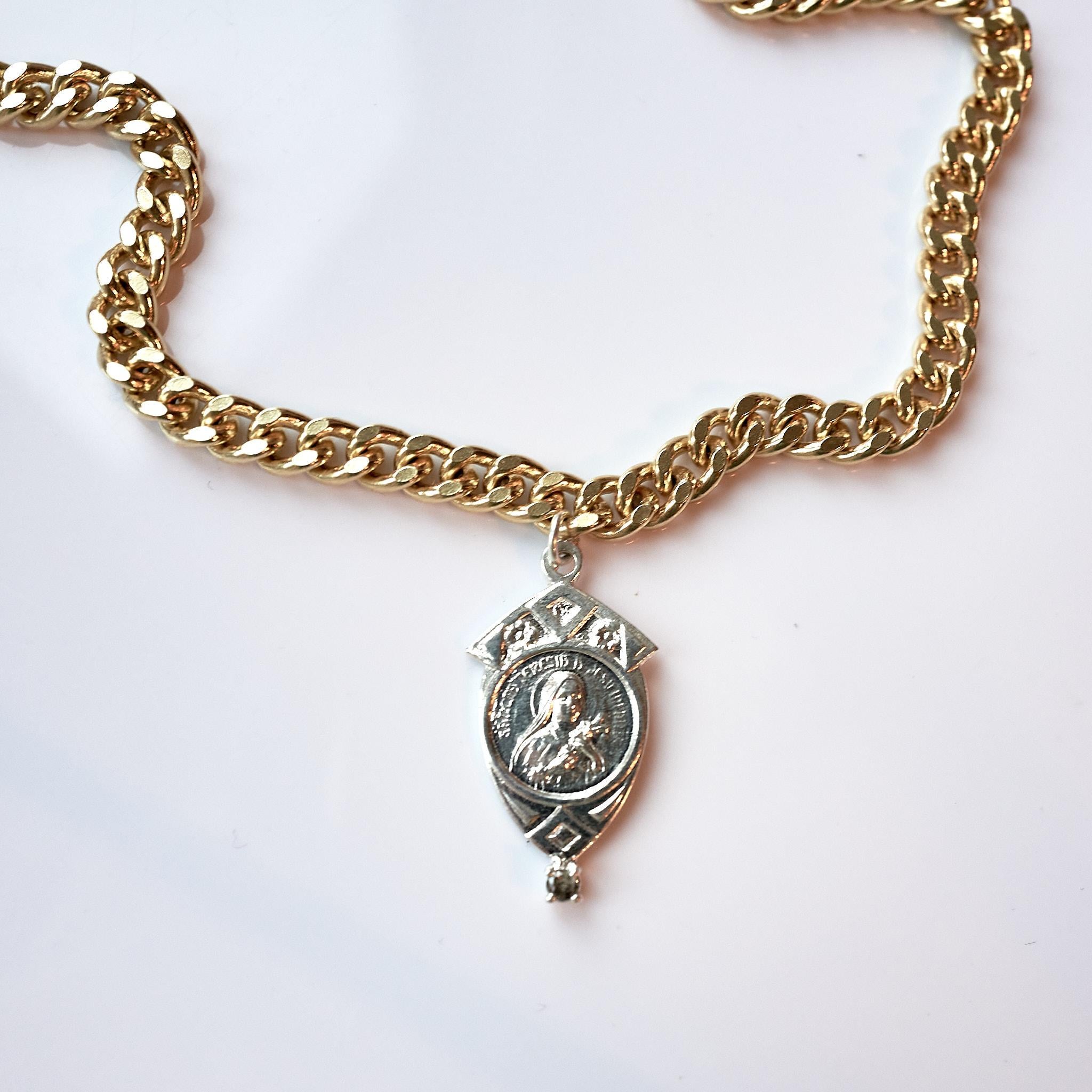 Weißer Diamant Jungfrau Maria-Medaille Frankreich Sterlingsilber Kette Choker J Dauphin für Damen oder Herren